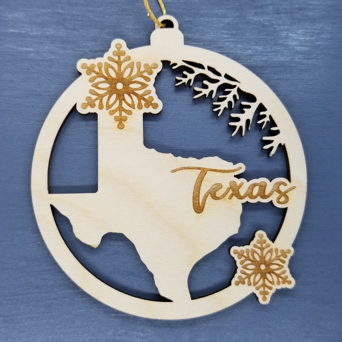 Texas Wood Ornament - TX State Shape with Snowflakes Cutout - Handmade Wood Ornament Made in USA Christmas Decor