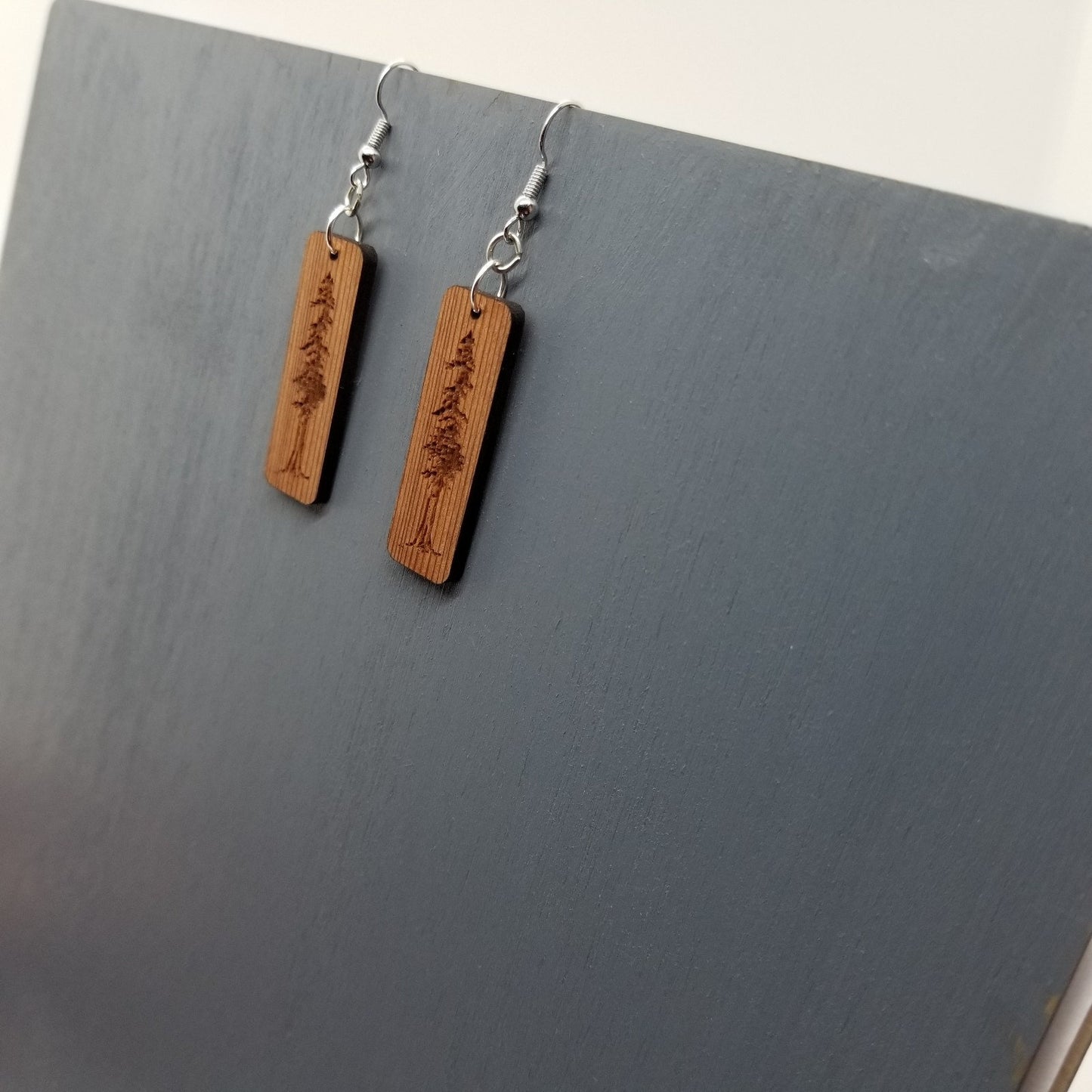 Redwood Earrings - Engraved Tree Rectangle Wood Earrings - Dangle Earrings - CA Souvenir - D22