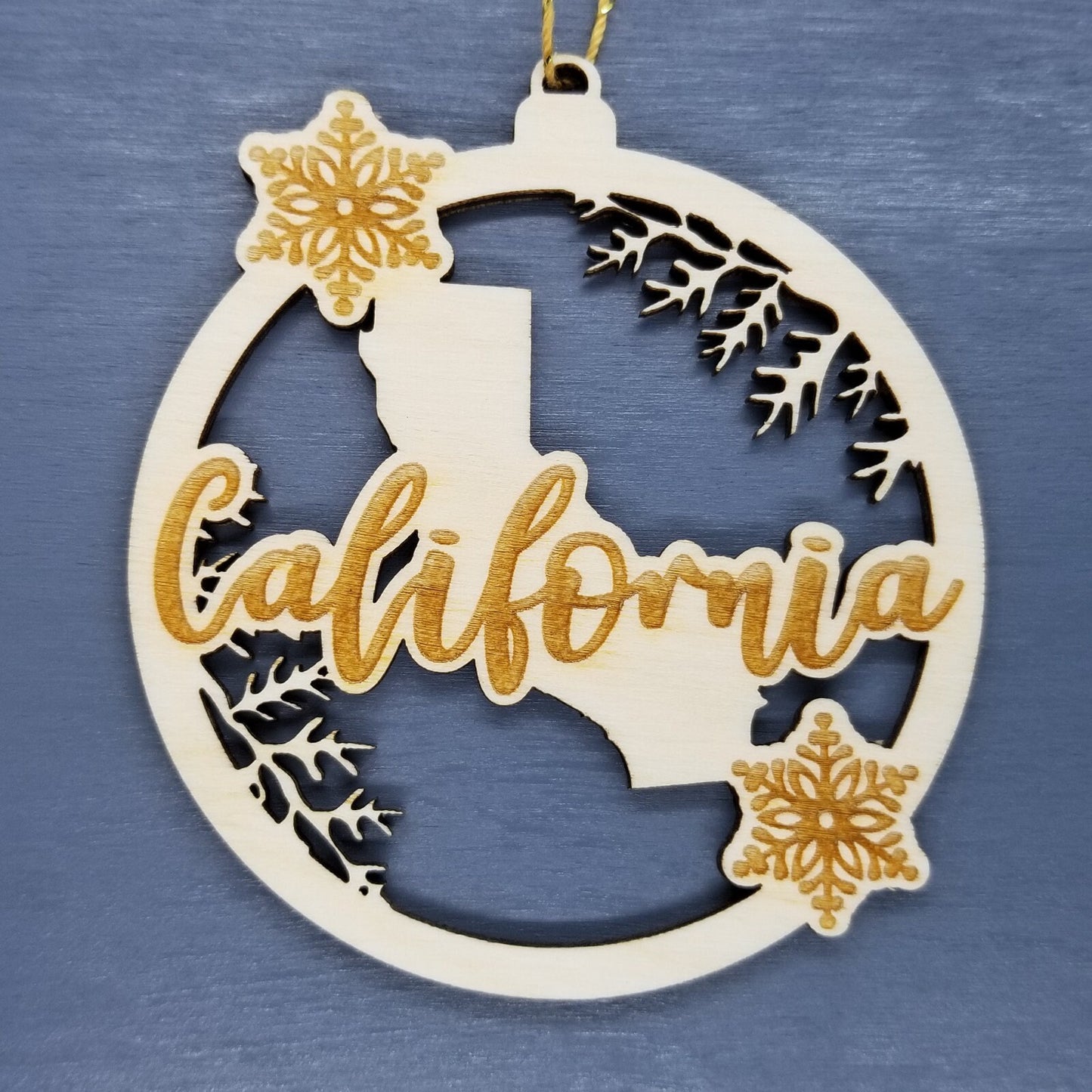 California Wood Ornament - CA State Shape with Snowflakes Cutout - Handmade Wood Ornament Made in USA Christmas Decor