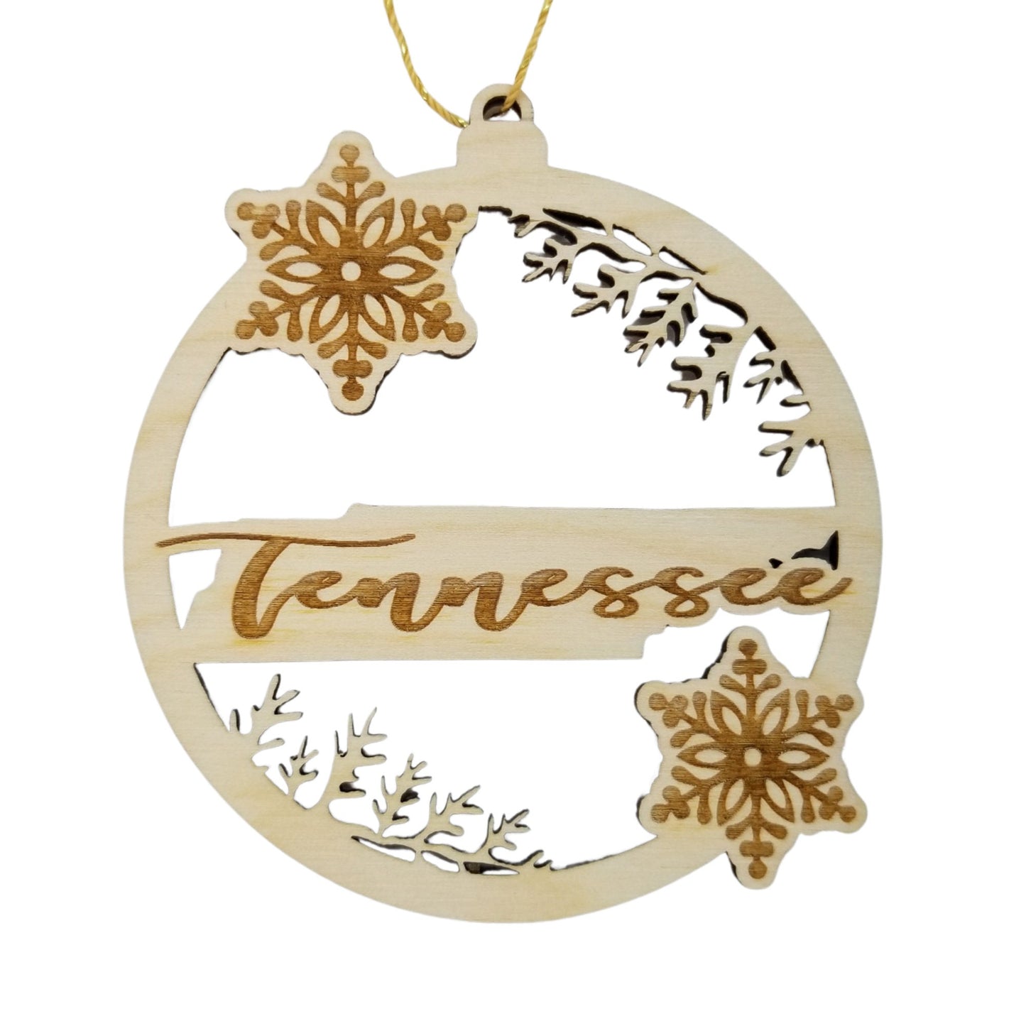 Tennessee Wood Ornament - TN State Shape with Snowflakes Cutout - Handmade Wood Ornament Made in USA Christmas Decor