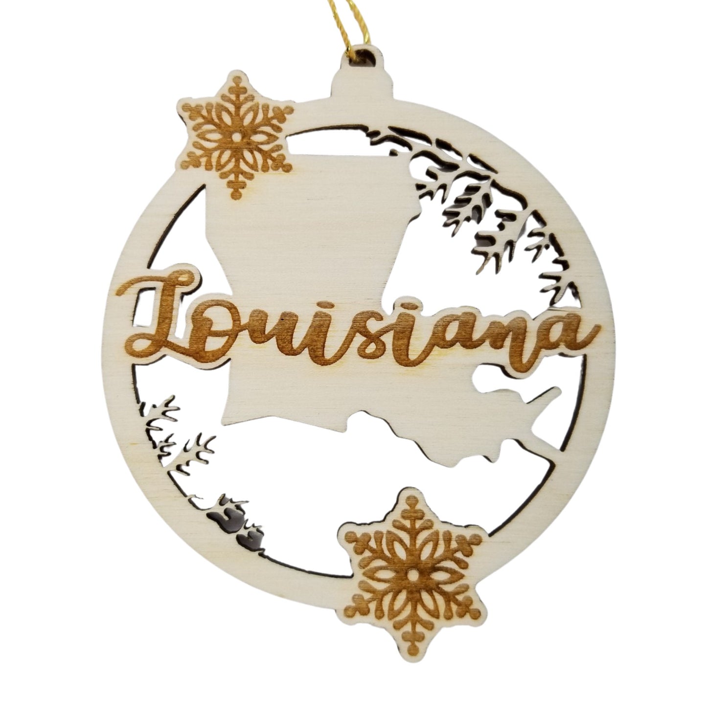 Louisiana Wood Ornament - LA State Shape with Snowflakes Cutout - Handmade Wood Ornament Made in USA Christmas Decor