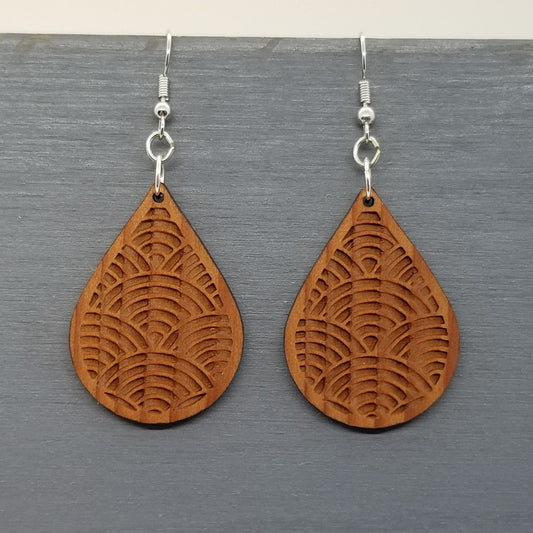 Wood Earrings - Engraved Teardrop Wood Earrings - Dangle Earrings - CA Souvenir Keepsake - Anniversary Gift