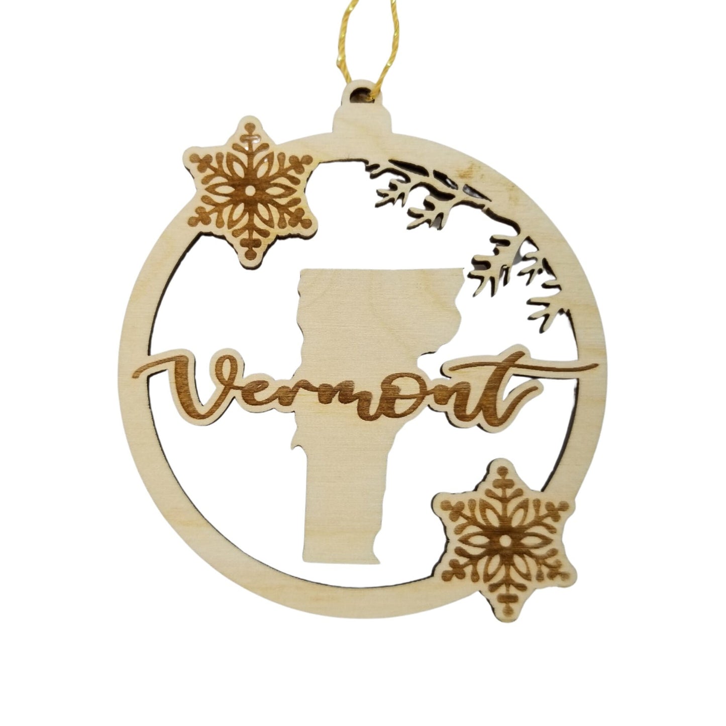 Vermont Wood Ornament - VT State Shape with Snowflakes Cutout - Handmade Wood Ornament Made in USA Christmas Decor
