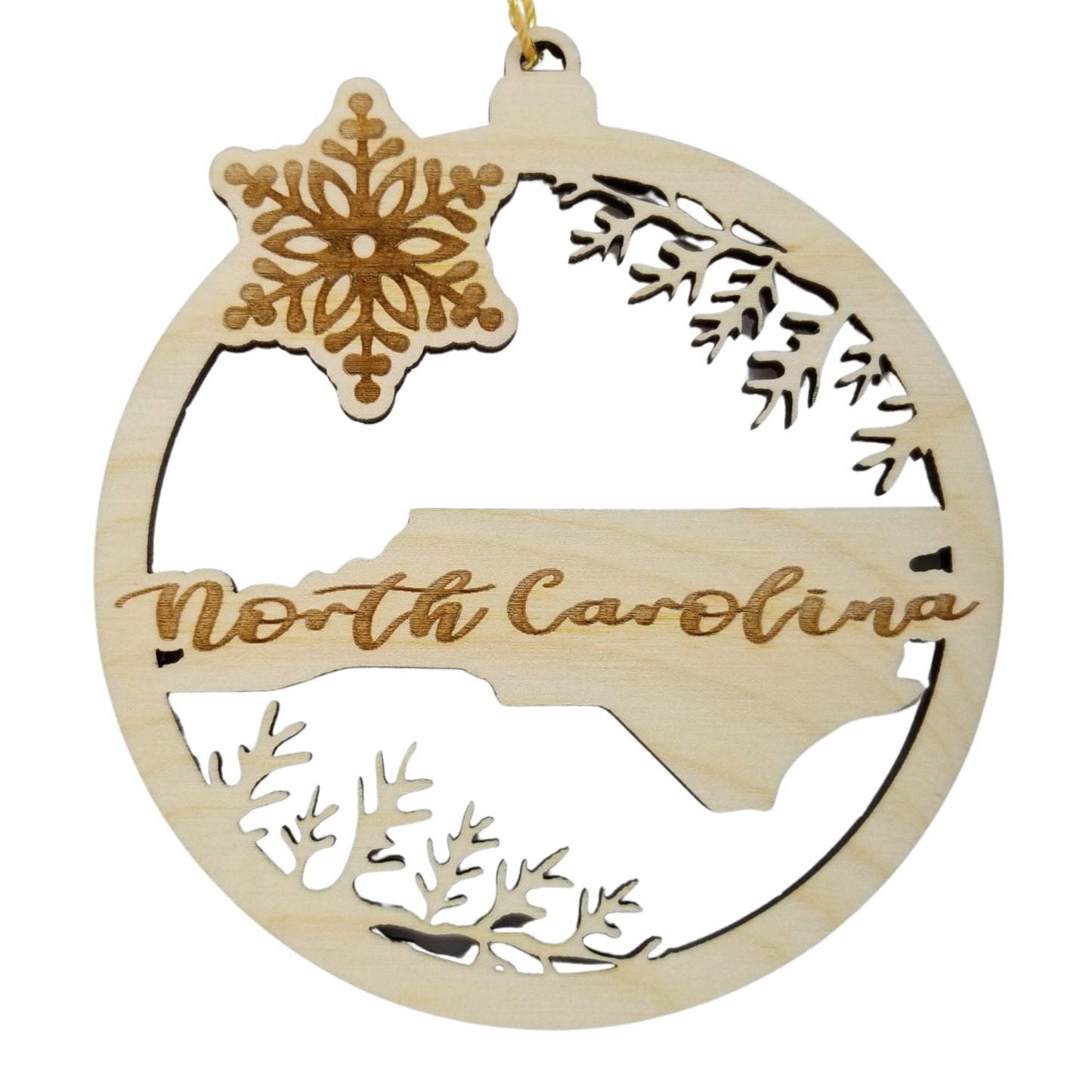 North Carolina Wood Ornament - NC State Shape with Snowflakes Cutout - Handmade Wood Ornament Made in USA Christmas Decor