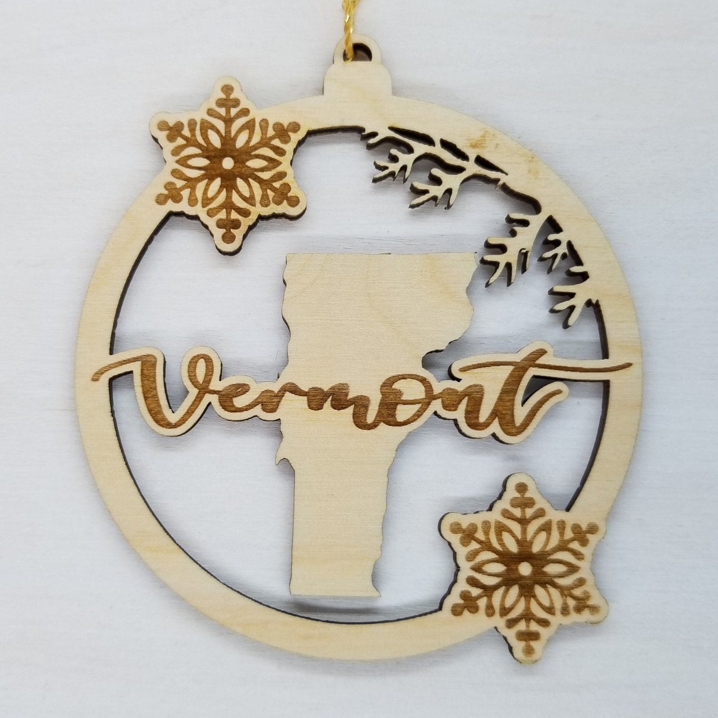 Vermont Wood Ornament - VT State Shape with Snowflakes Cutout - Handmade Wood Ornament Made in USA Christmas Decor