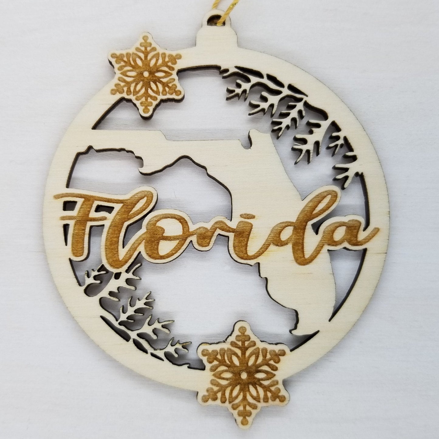 Florida Wood Ornament - FL State Shape with Snowflakes Cutout - Handmade Wood Ornament Made in USA Christmas Decor