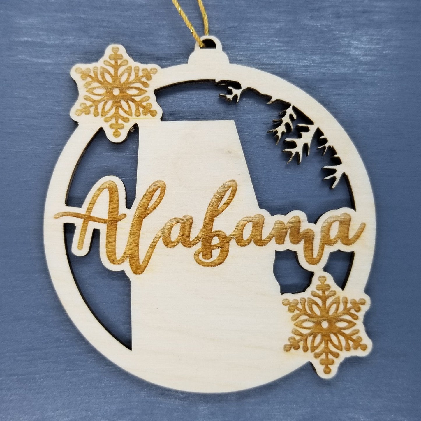 Alabama Wood Ornament - AL State Shape with Snowflakes Cutout - Handmade Wood Ornament Made in USA Christmas Decor