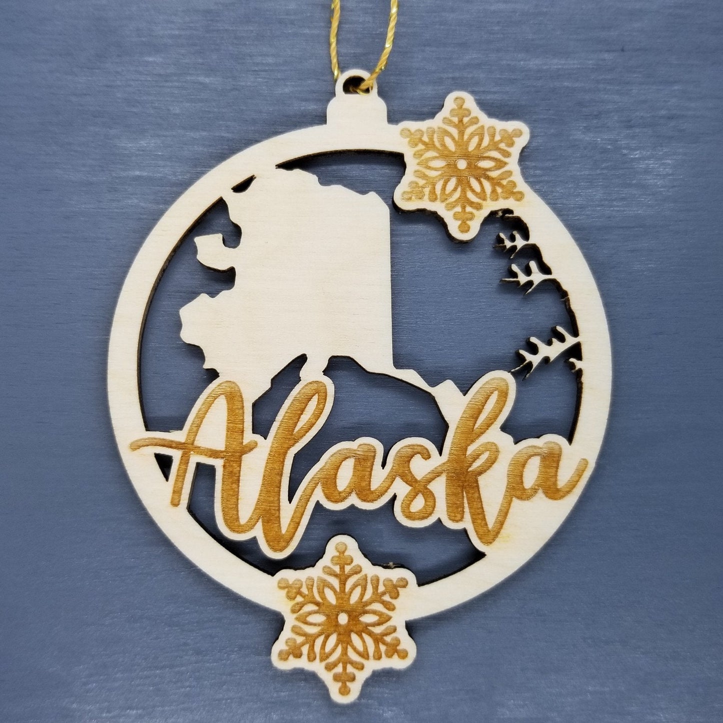 Alaska Wood Ornament - State Shape with Snowflakes AK Cutout - Handmade Wood Ornament Made in USA Christmas Decor