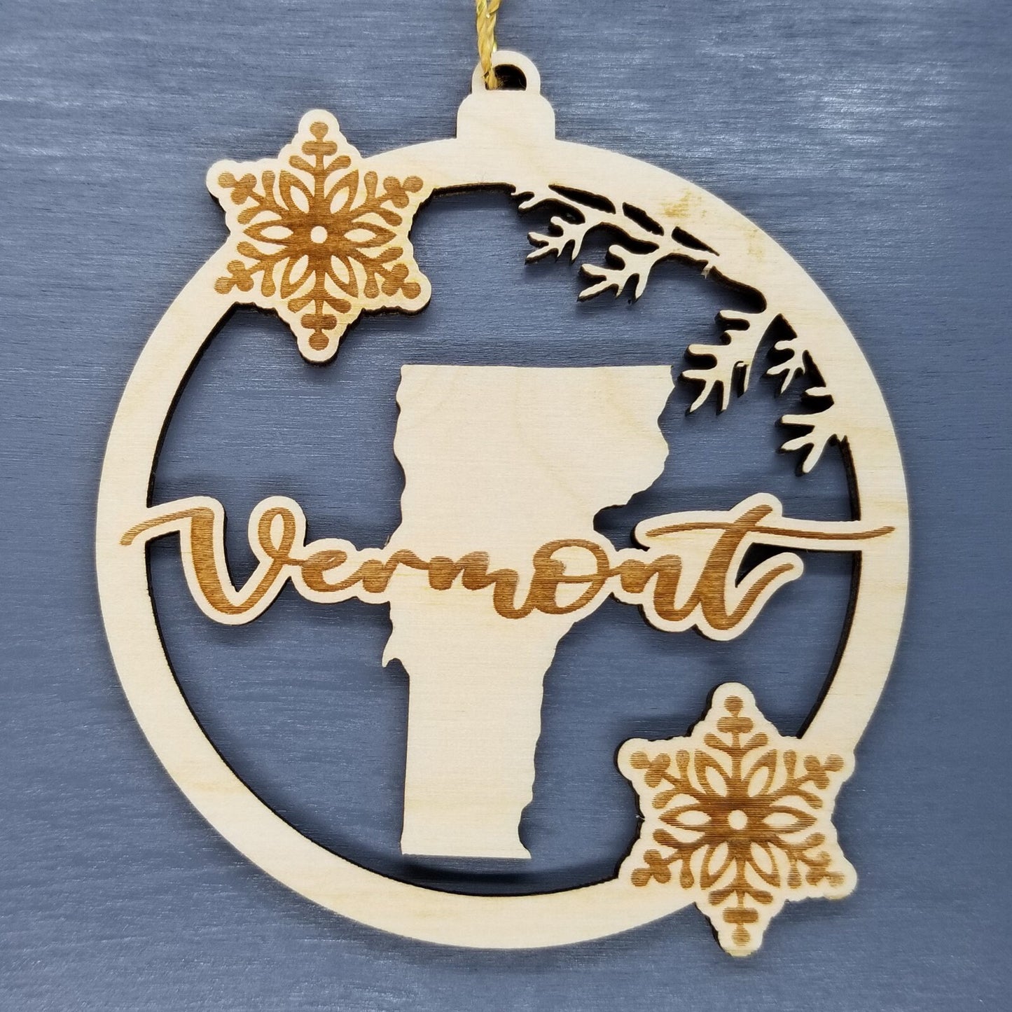 Vermont Wood Ornament - VT State Shape with Snowflakes Cutout - Handmade Wood Ornament Made in USA Christmas Decor