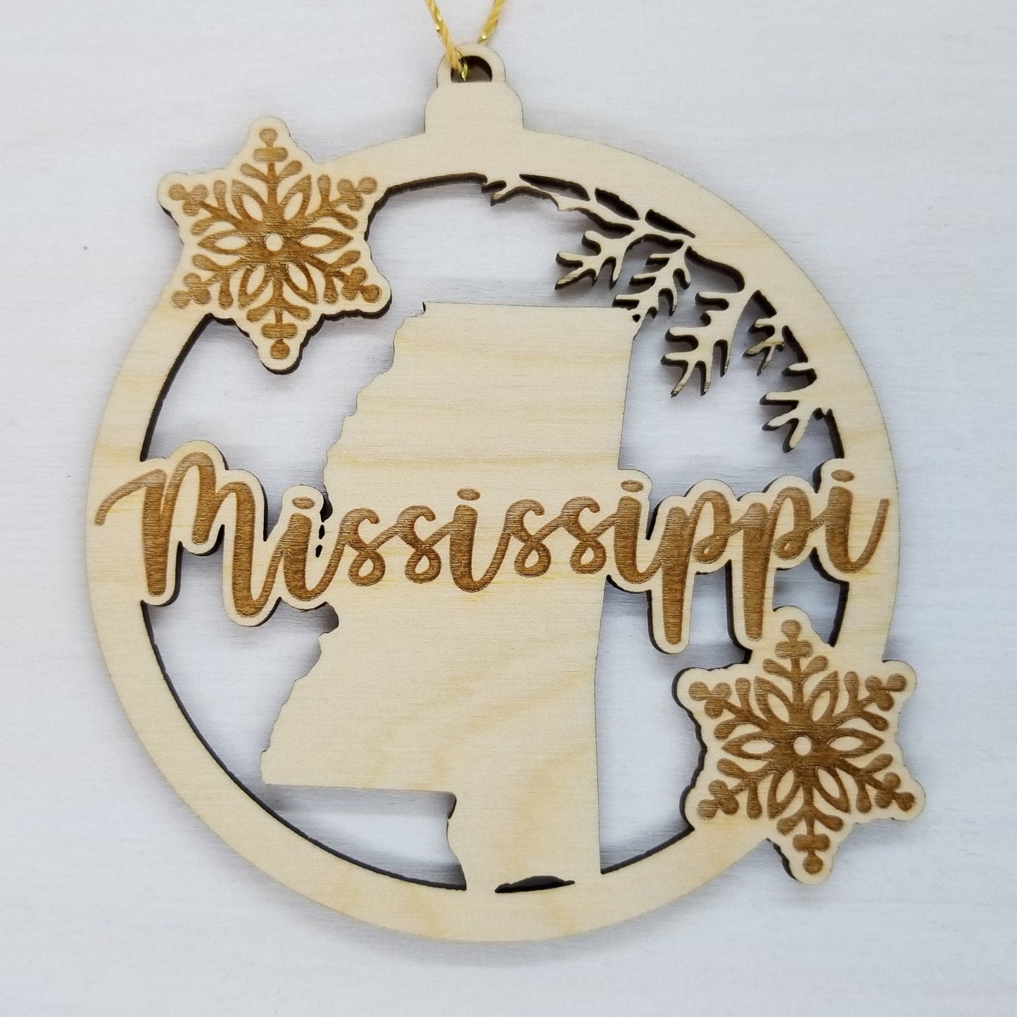 Mississippi Wood Ornament - MS State Shape with Snowflakes Cutout - Handmade in USA - 15385