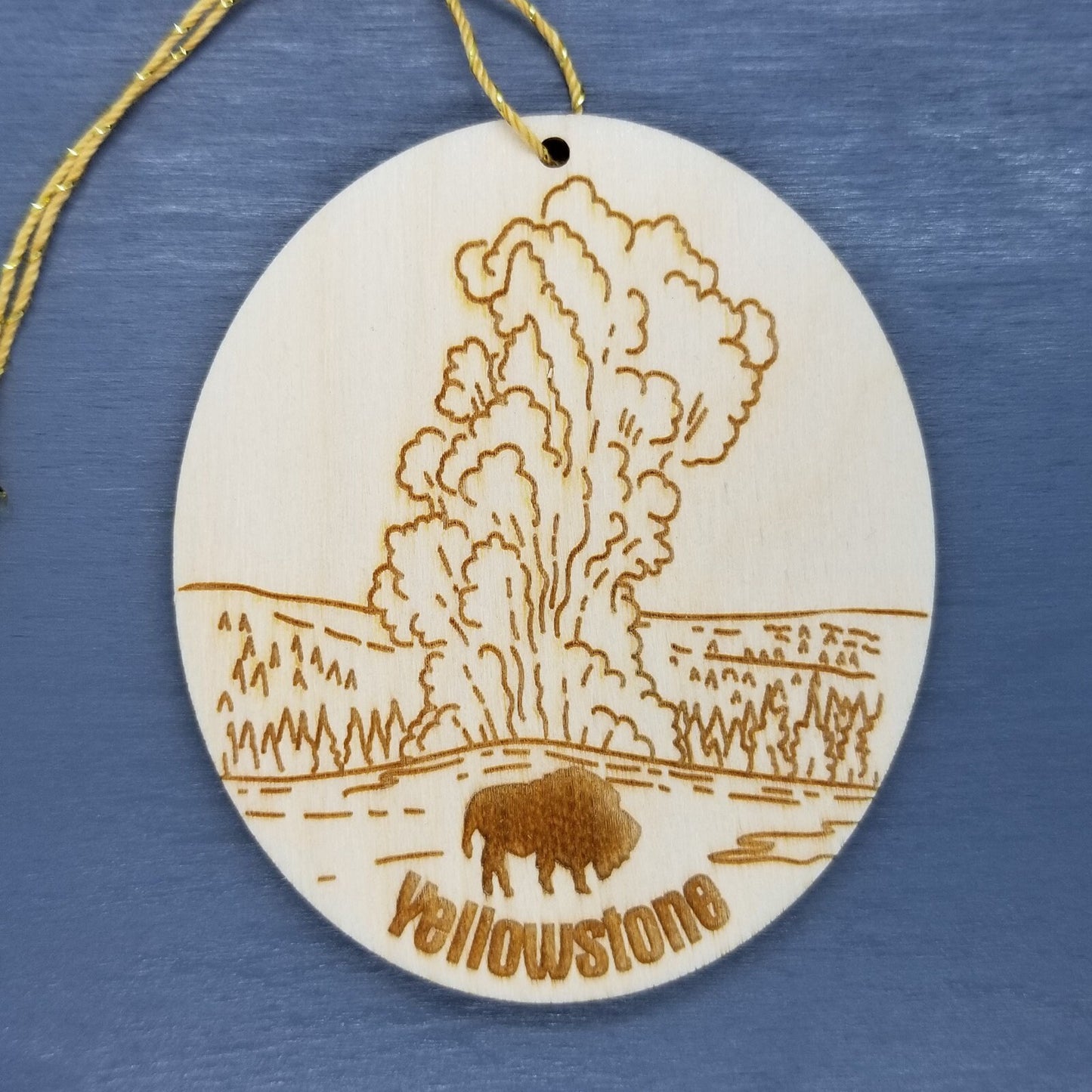 Yellowstone National Park Ornament Old Faithful Geyser Bison Buffalo Handmade Wood Souvenir Made in USA Travel Gift 3 Inch Christmas