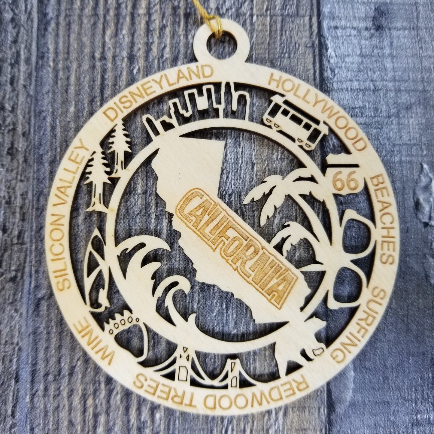 California Wood Ornament - CA State Shape with CA Icons Collage - Handmade Wood Ornament Made in USA Christmas Decor