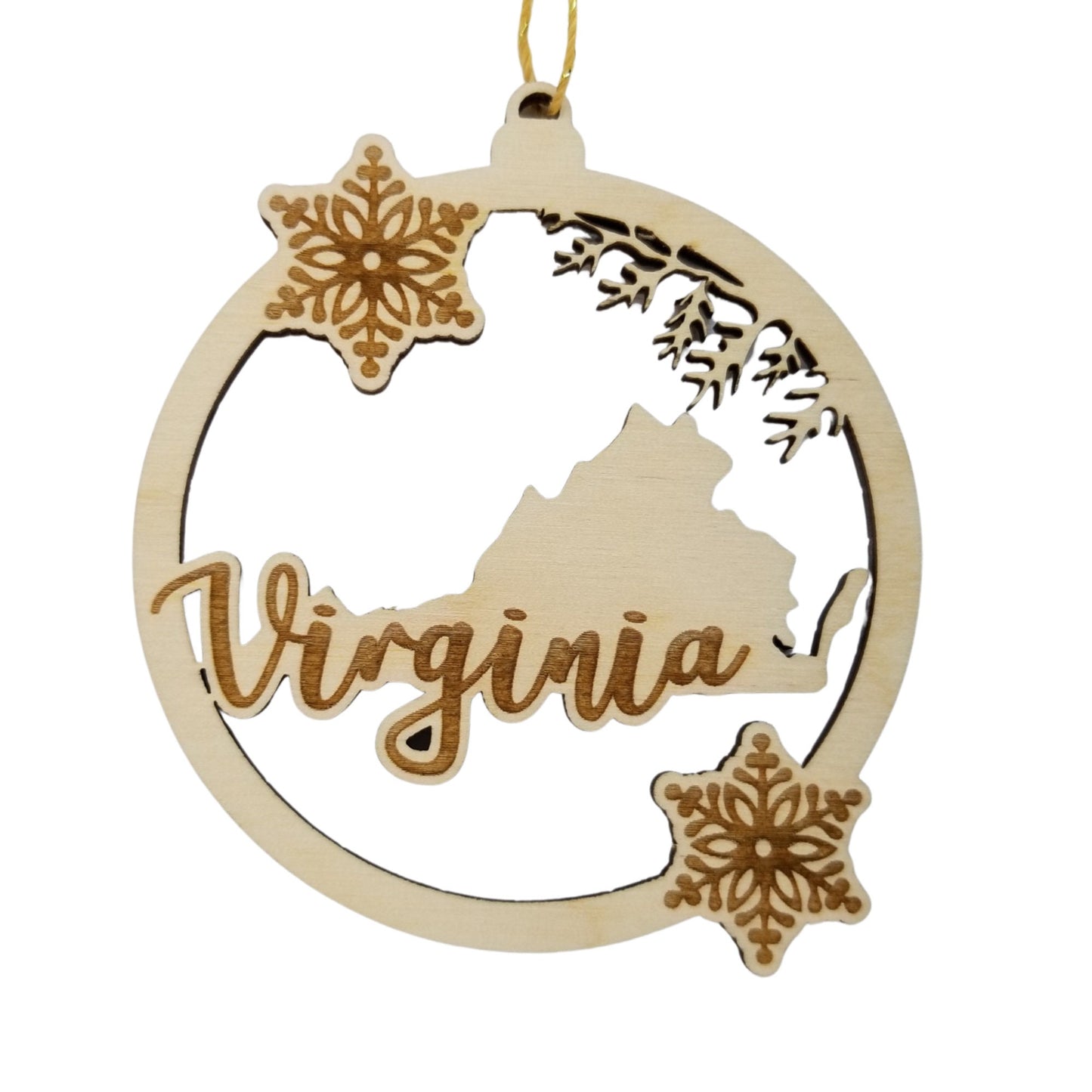 Virginia Wood Ornament - VA State Shape with Snowflakes Cutout - Handmade Wood Ornament Made in USA Christmas Decor