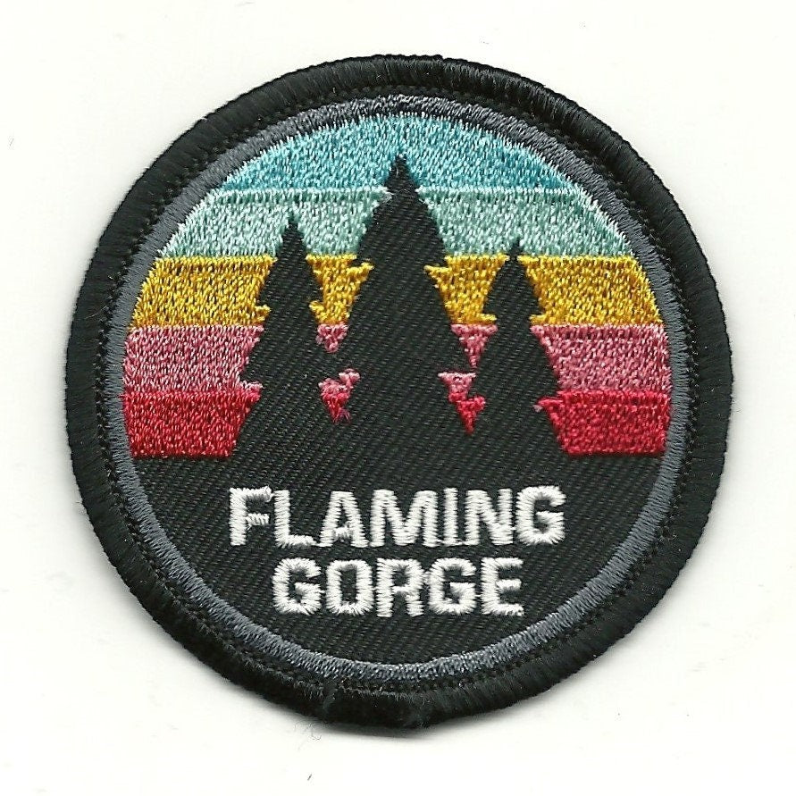 Flaming Gorge – Utah Patch – Wyoming Patch WY UT Souvenir – Travel Patch – Iron On – Applique 2.5" Circle Trees Colored Retro Stripes
