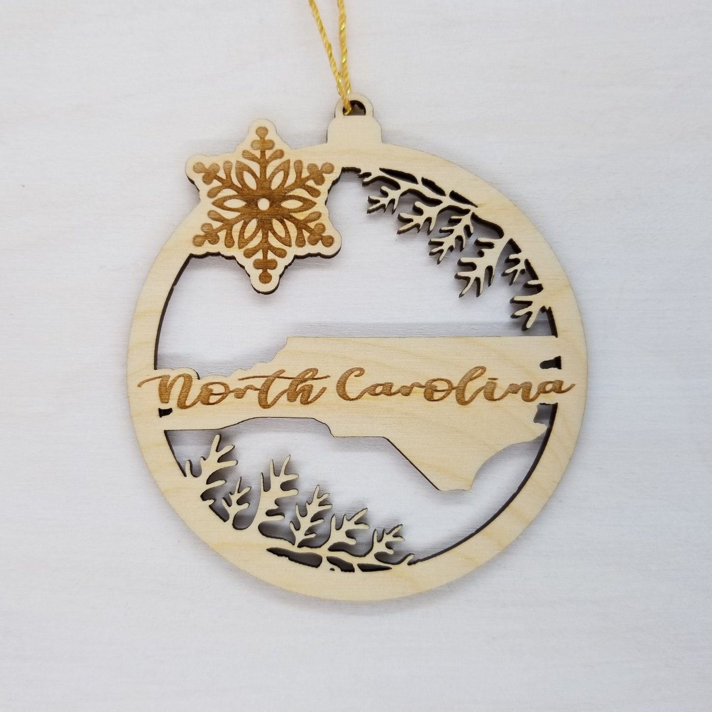 North Carolina Wood Ornament - NC State Shape with Snowflakes Cutout - Handmade Wood Ornament Made in USA Christmas Decor