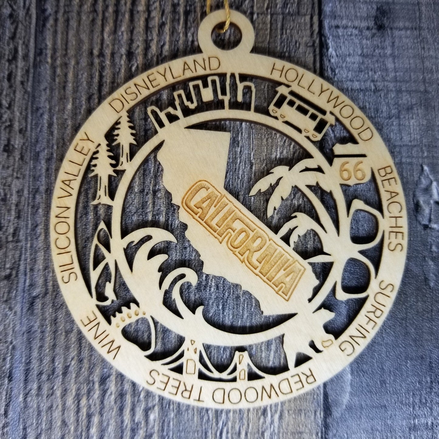 California Wood Ornament - CA State Shape with CA Icons Collage - Handmade Wood Ornament Made in USA Christmas Decor