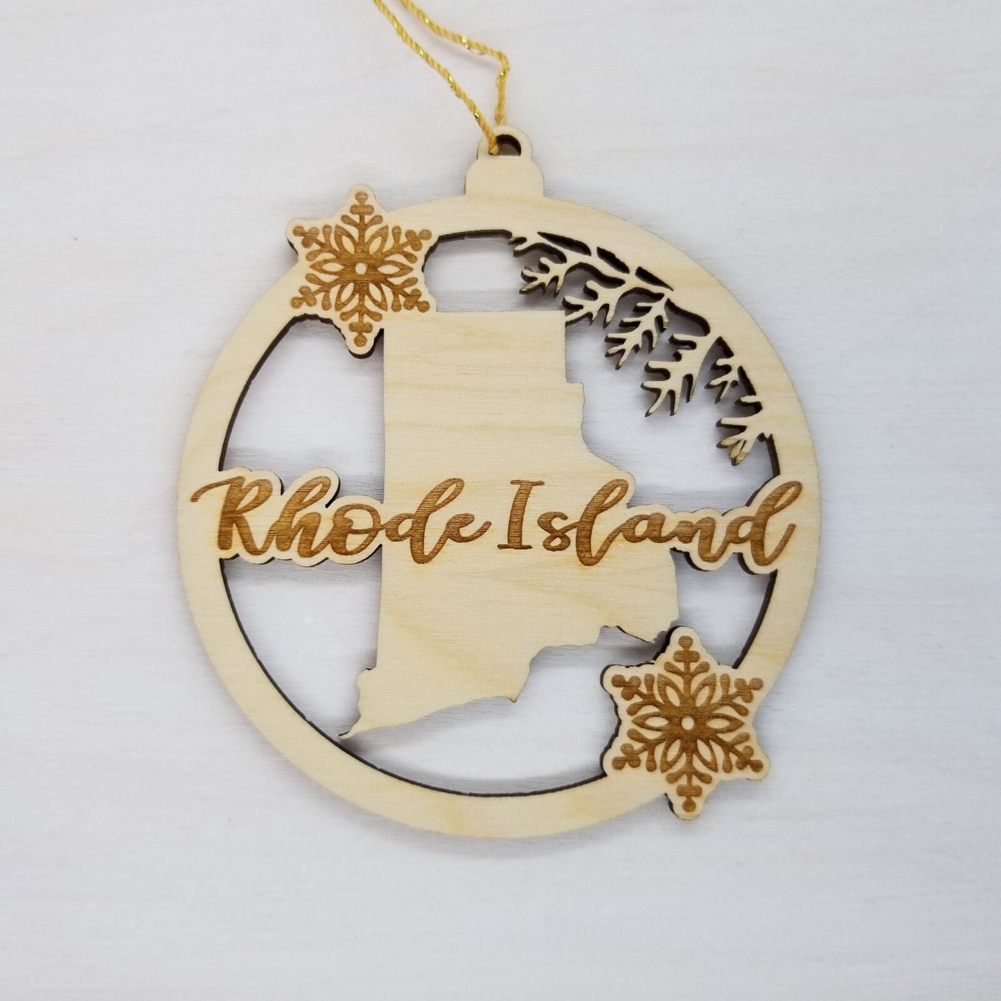 Rhode Island Wood Ornament - State Shape with Snowflakes Cutout RI - Handmade Wood Ornament Made in USA Christmas Decor