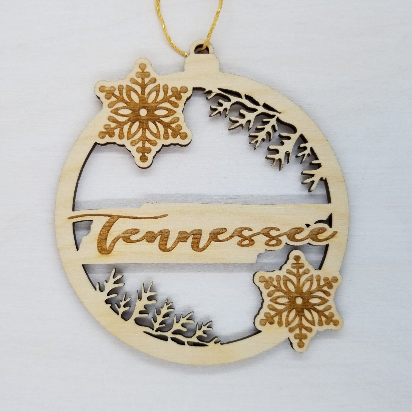 Tennessee Wood Ornament - TN State Shape with Snowflakes Cutout - Handmade Wood Ornament Made in USA Christmas Decor