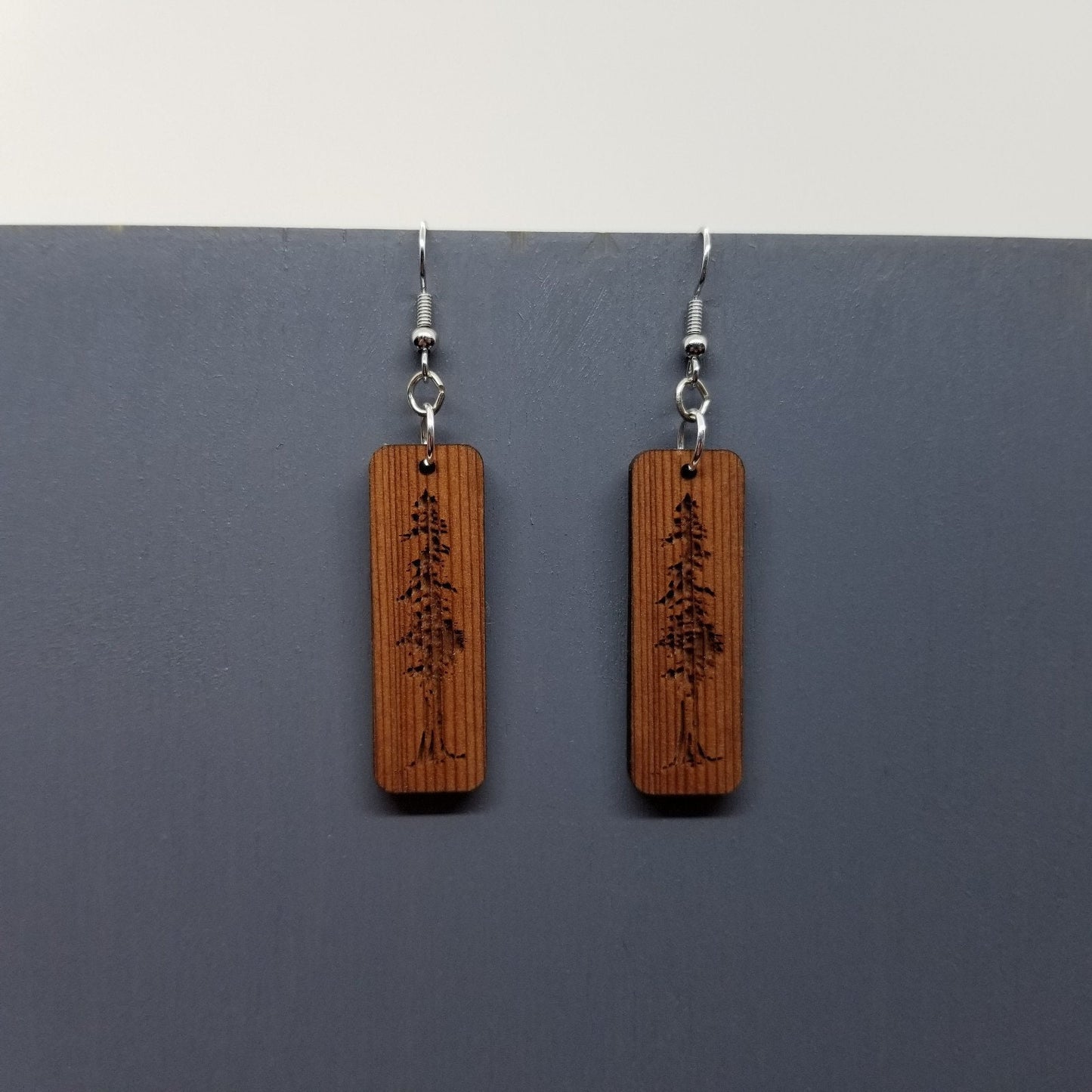 Redwood Earrings - Engraved Tree Rectangle Wood Earrings - Dangle Earrings - CA Souvenir - D22