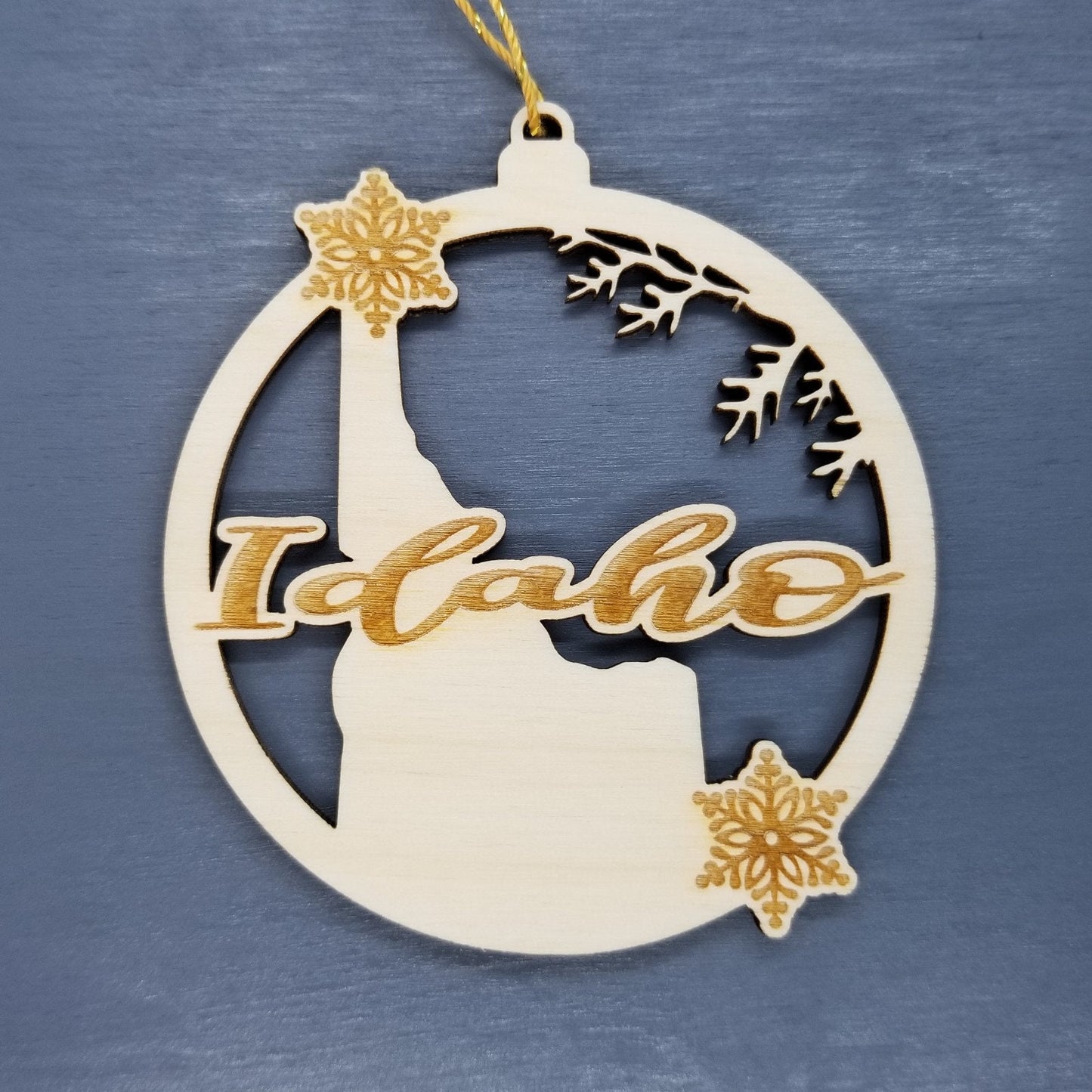 Idaho Wood Ornament - ID State Shape with Snowflakes Cutout - Handmade Wood Ornament Made in USA Christmas Decor