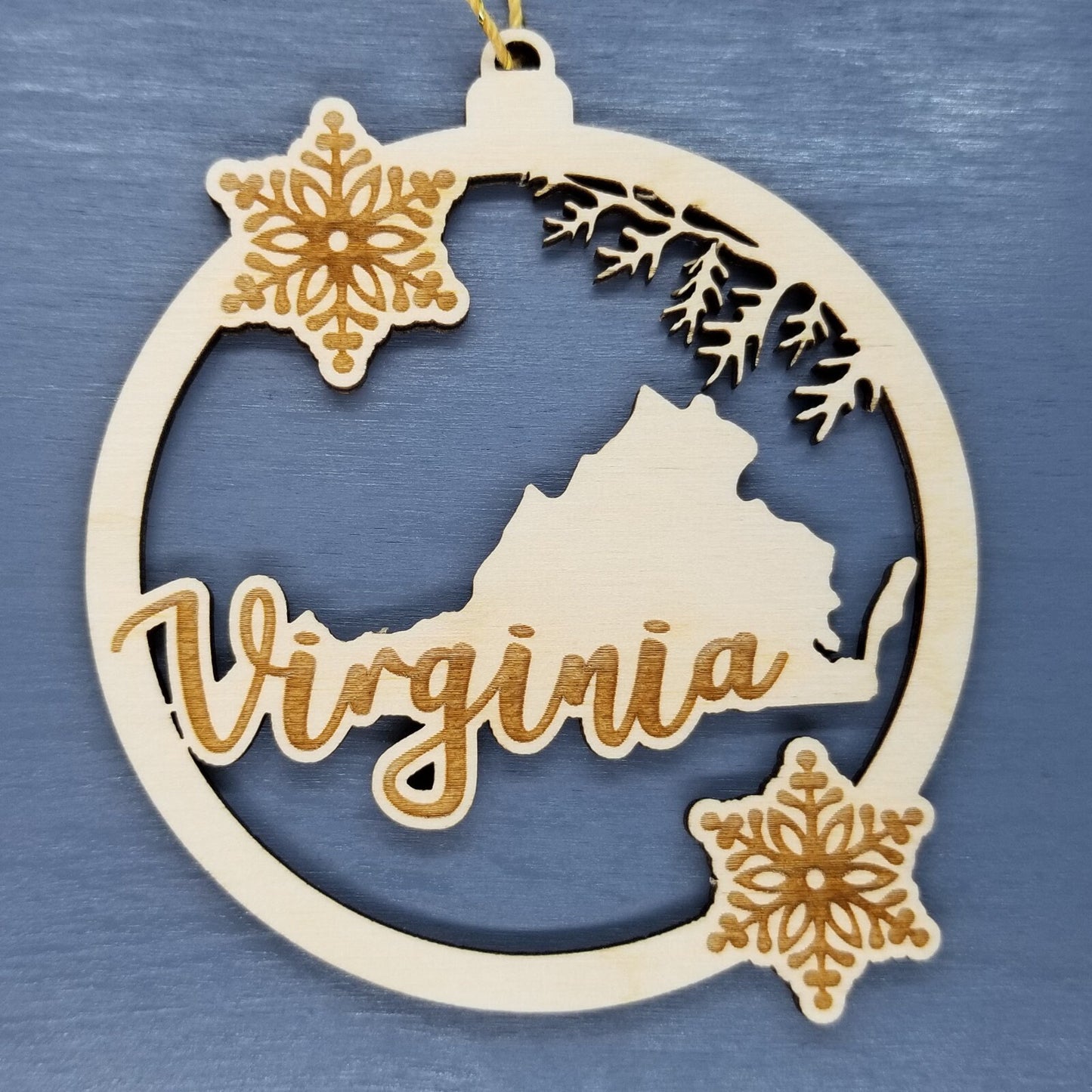 Virginia Wood Ornament - VA State Shape with Snowflakes Cutout - Handmade Wood Ornament Made in USA Christmas Decor