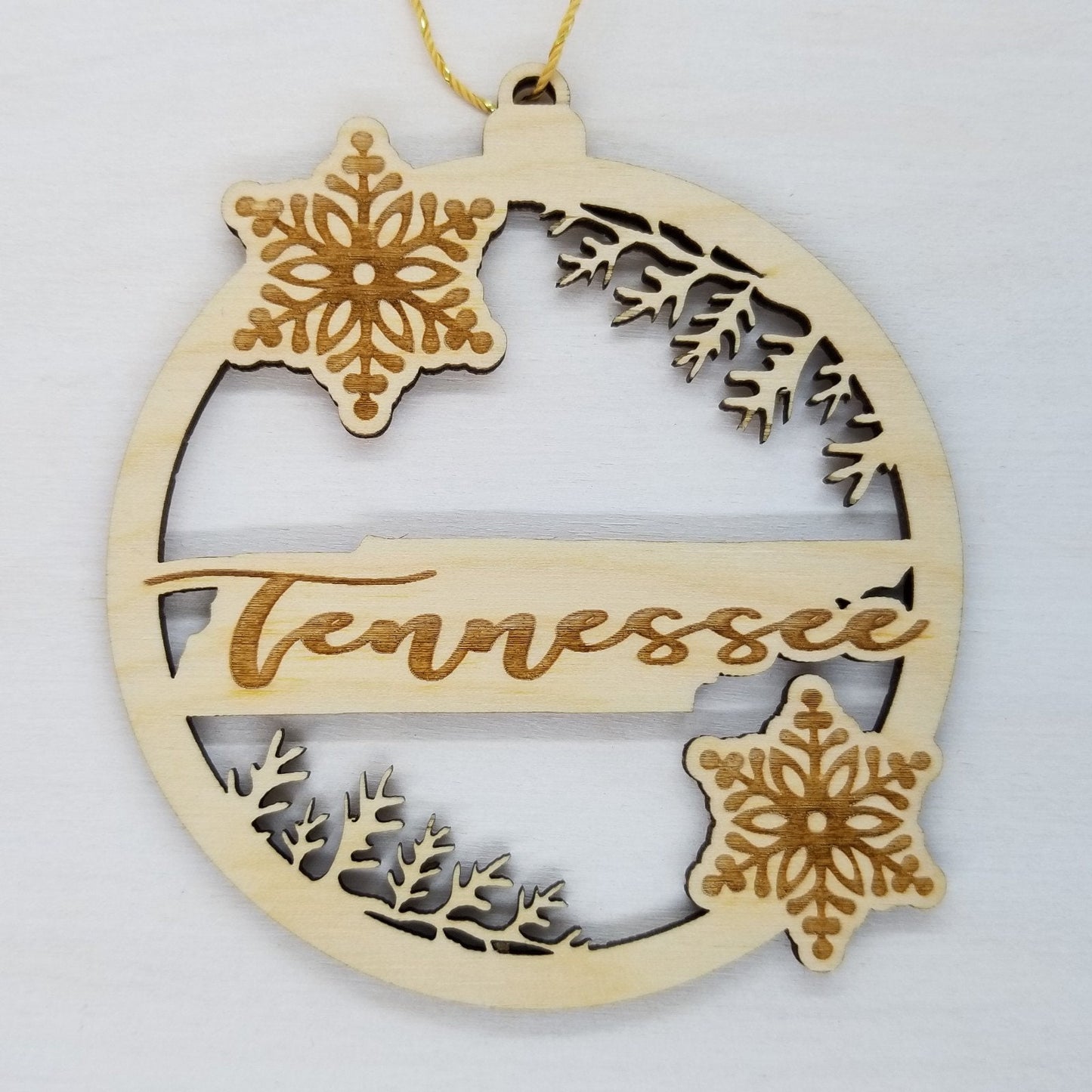 Tennessee Wood Ornament - TN State Shape with Snowflakes Cutout - Handmade Wood Ornament Made in USA Christmas Decor