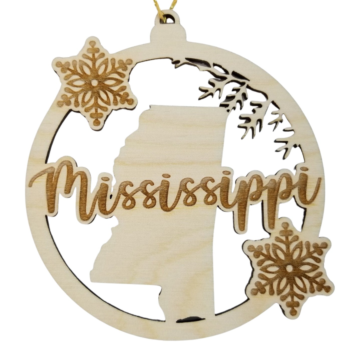 Mississippi Wood Ornament - MS State Shape with Snowflakes Cutout - Handmade in USA - 15385