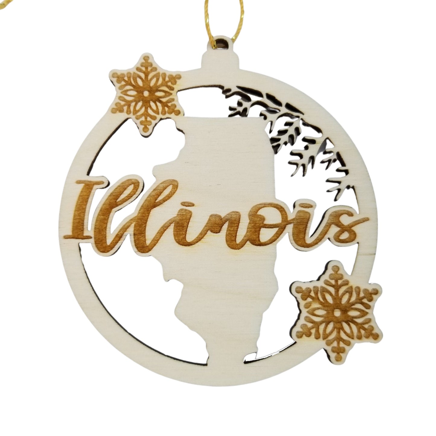 Illinois Wood Ornament - IL State Shape with Snowflakes Cutout - Handmade Wood Ornament Made in USA Christmas Decor