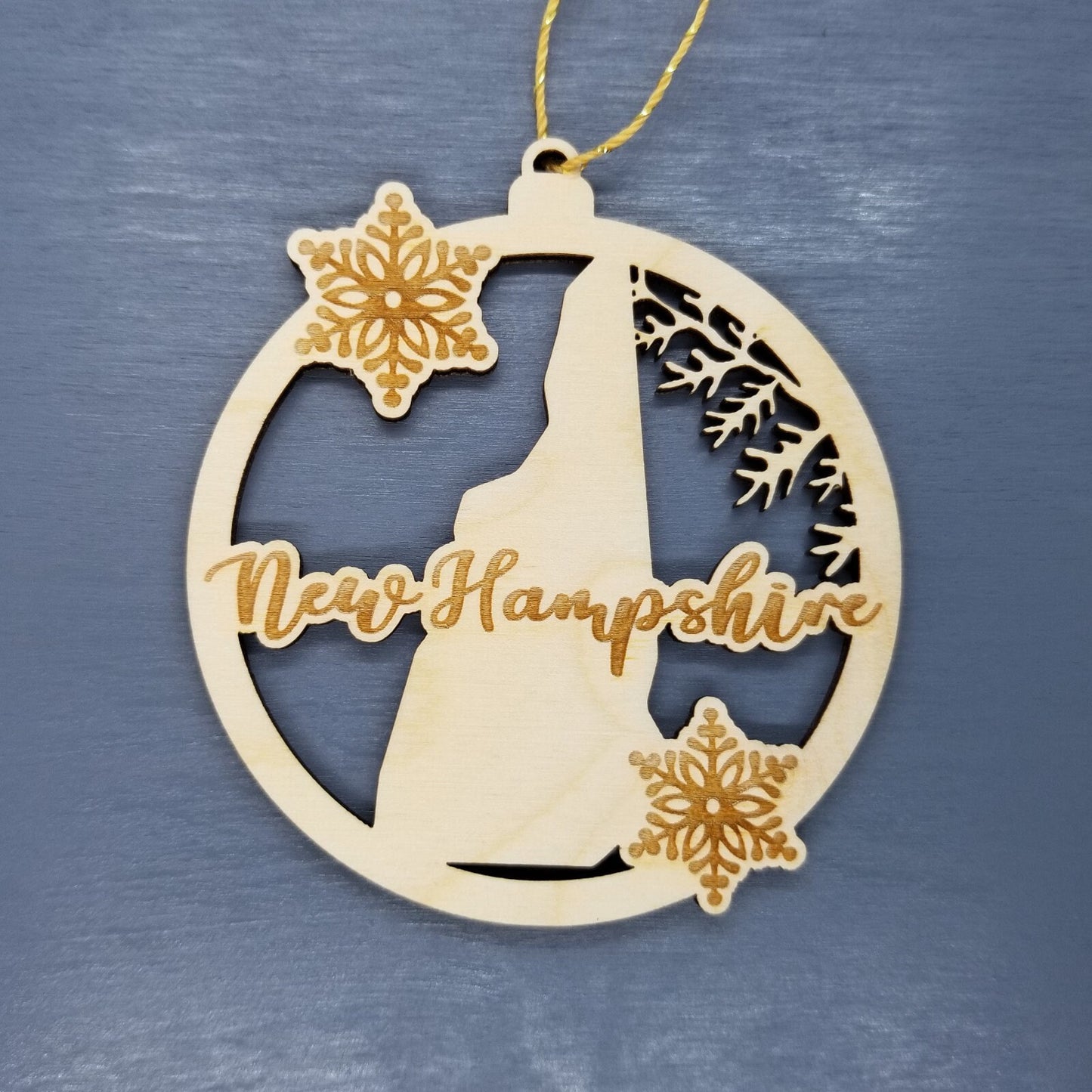 New Hampshire Wood Ornament - NH State Shape with Snowflakes Cutout - Handmade Wood Ornament Made in USA Christmas Decor