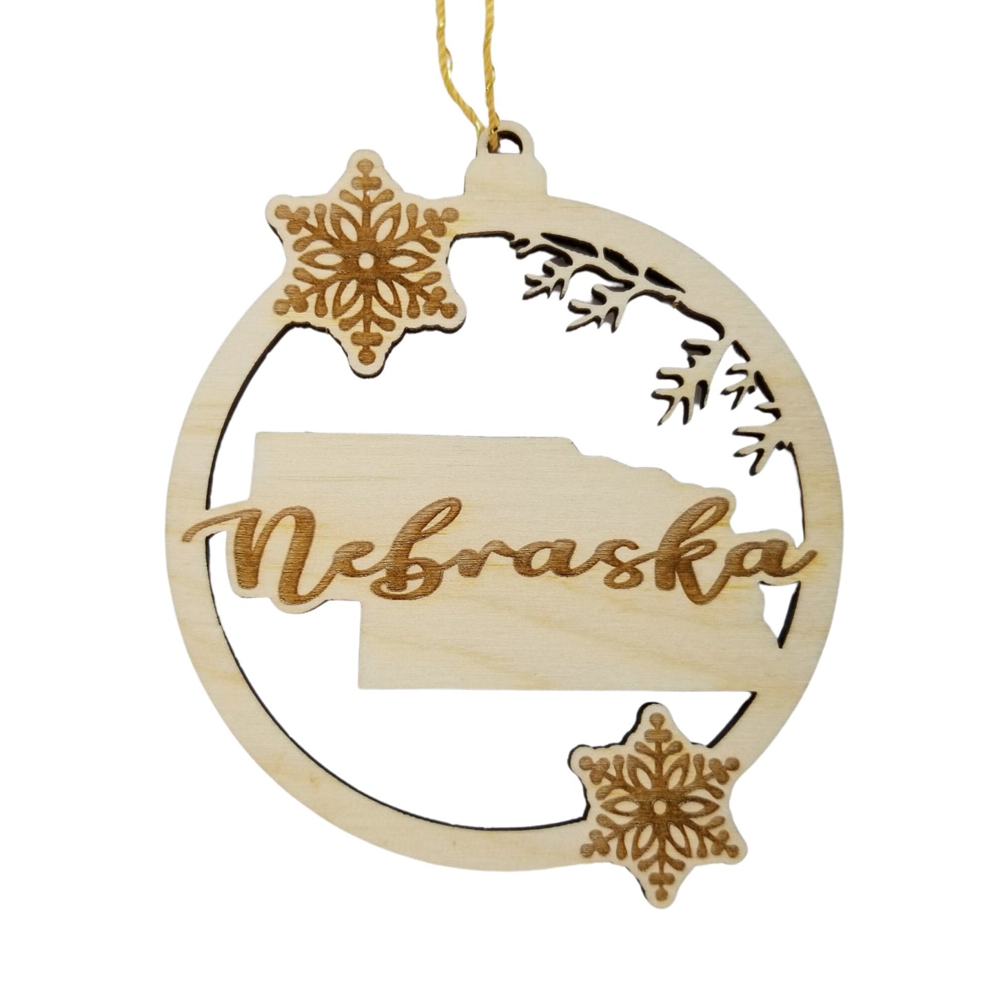 Nebraska Wood Ornament - State Shape with Snowflakes Cutout NE- Handmade Wood Ornament Made in USA Christmas Decor