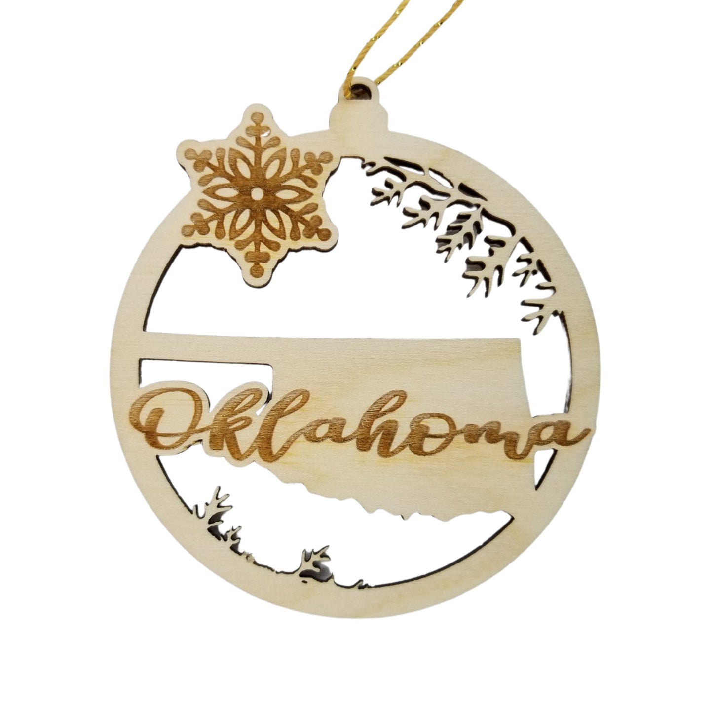 Oklahoma Wood Ornament - State Shape with Snowflakes OK Cutout - Handmade Wood Ornament Made in USA Christmas Decor