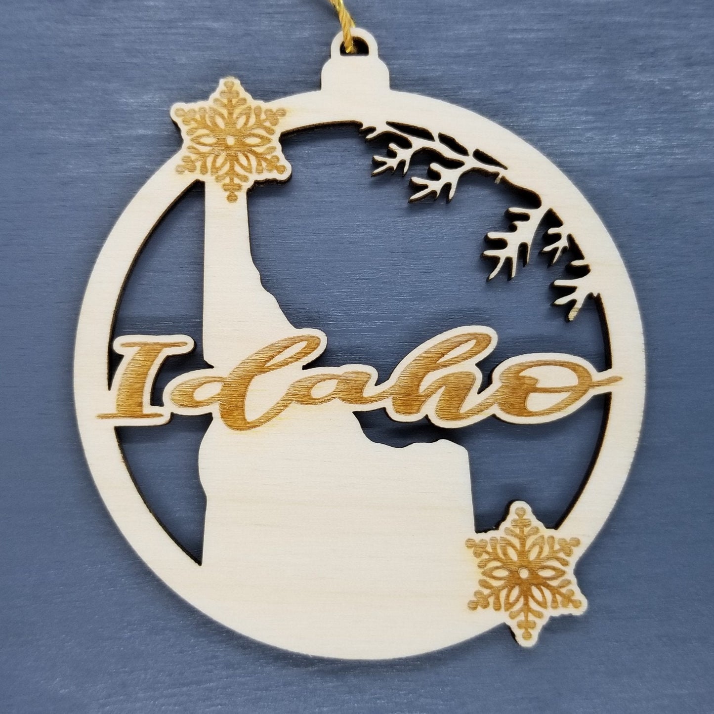 Idaho Wood Ornament - ID State Shape with Snowflakes Cutout - Handmade Wood Ornament Made in USA Christmas Decor