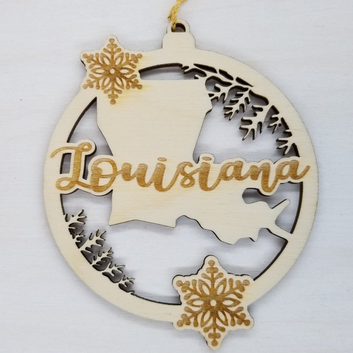 Louisiana Wood Ornament - LA State Shape with Snowflakes Cutout - Handmade Wood Ornament Made in USA Christmas Decor