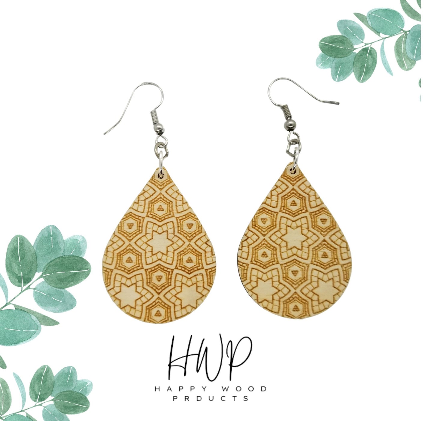 Wood Earrings - Abstract Stars Pattern Engraved Teardrop Wood Earrings - Dangle Earrings - Gift