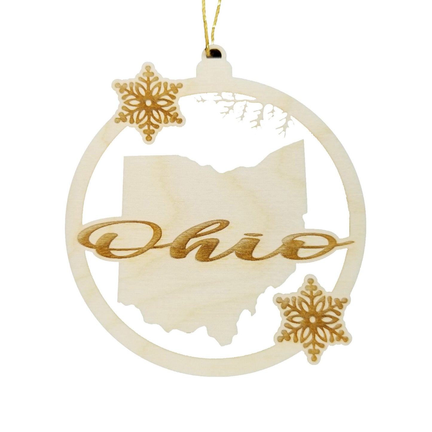 Ohio Wood Ornament - State Shape with Snowflakes Cutout OH - Handmade Wood Ornament Made in USA Christmas Decor