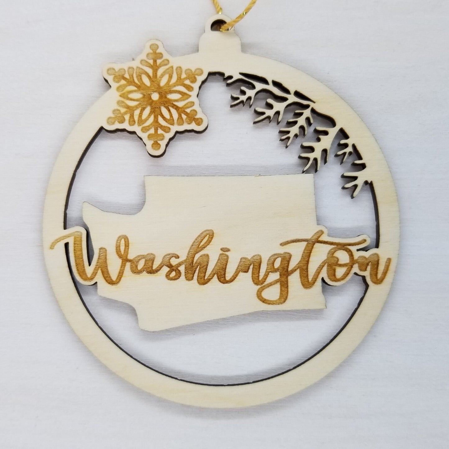 Washington Wood Ornament - WA State Shape with Snowflakes Cutout - Handmade Made in USA Christmas Decor