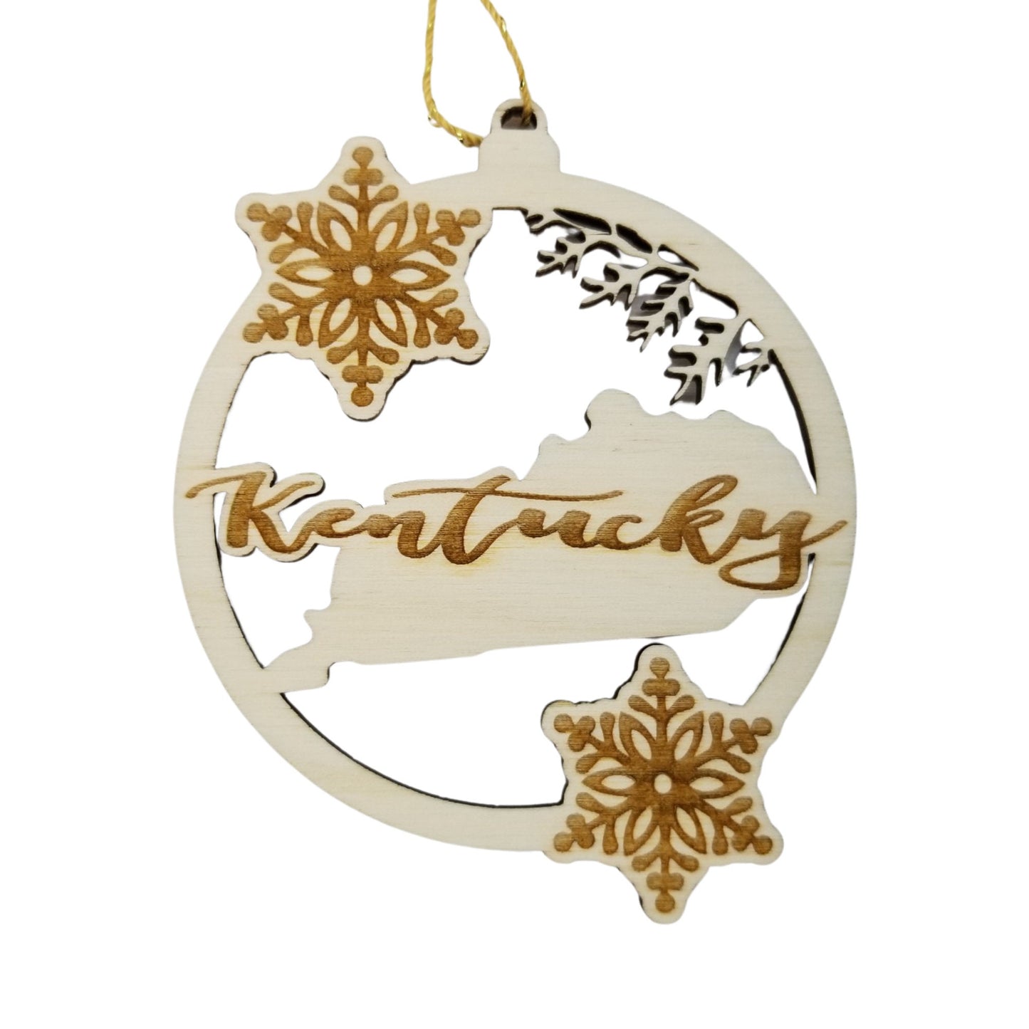 Kentucky Wood Ornament - KY State Shape with Snowflakes Cutout - Handmade Wood Ornament Made in USA Christmas Decor