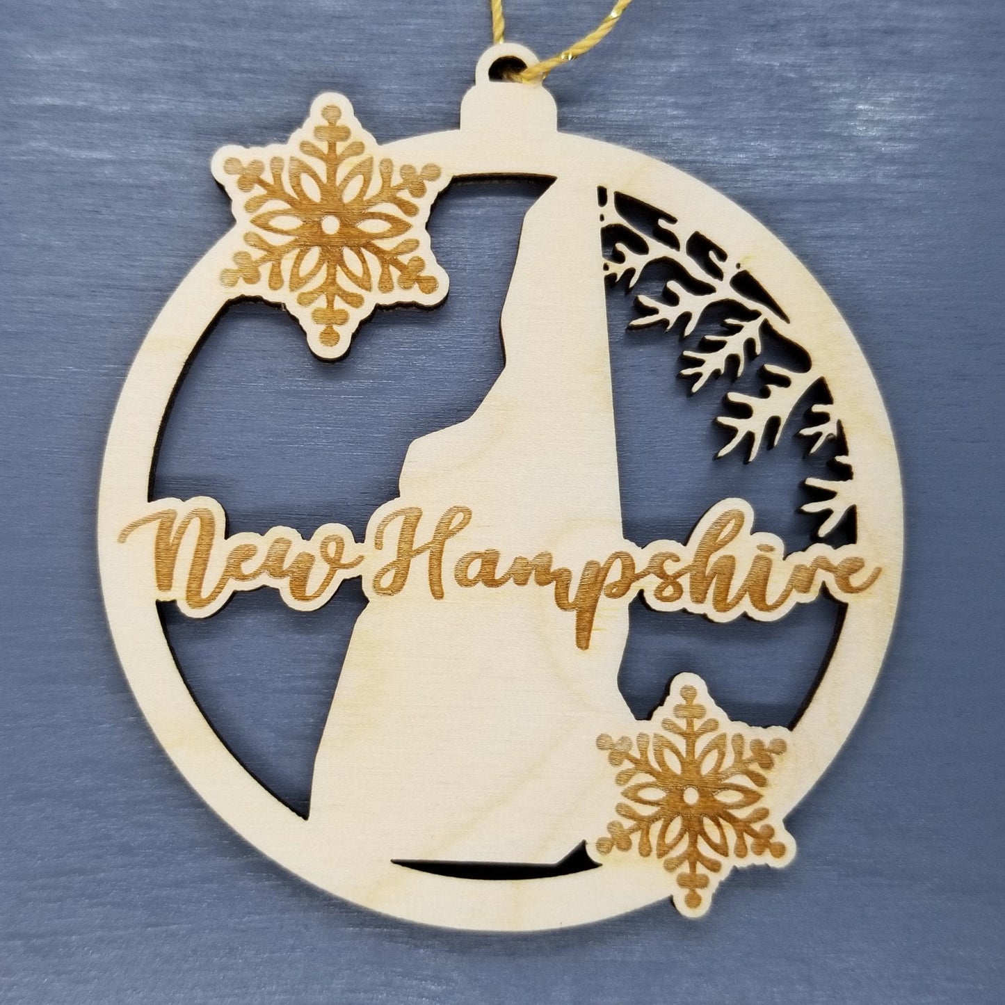 New Hampshire Wood Ornament - NH State Shape with Snowflakes Cutout - Handmade Wood Ornament Made in USA Christmas Decor