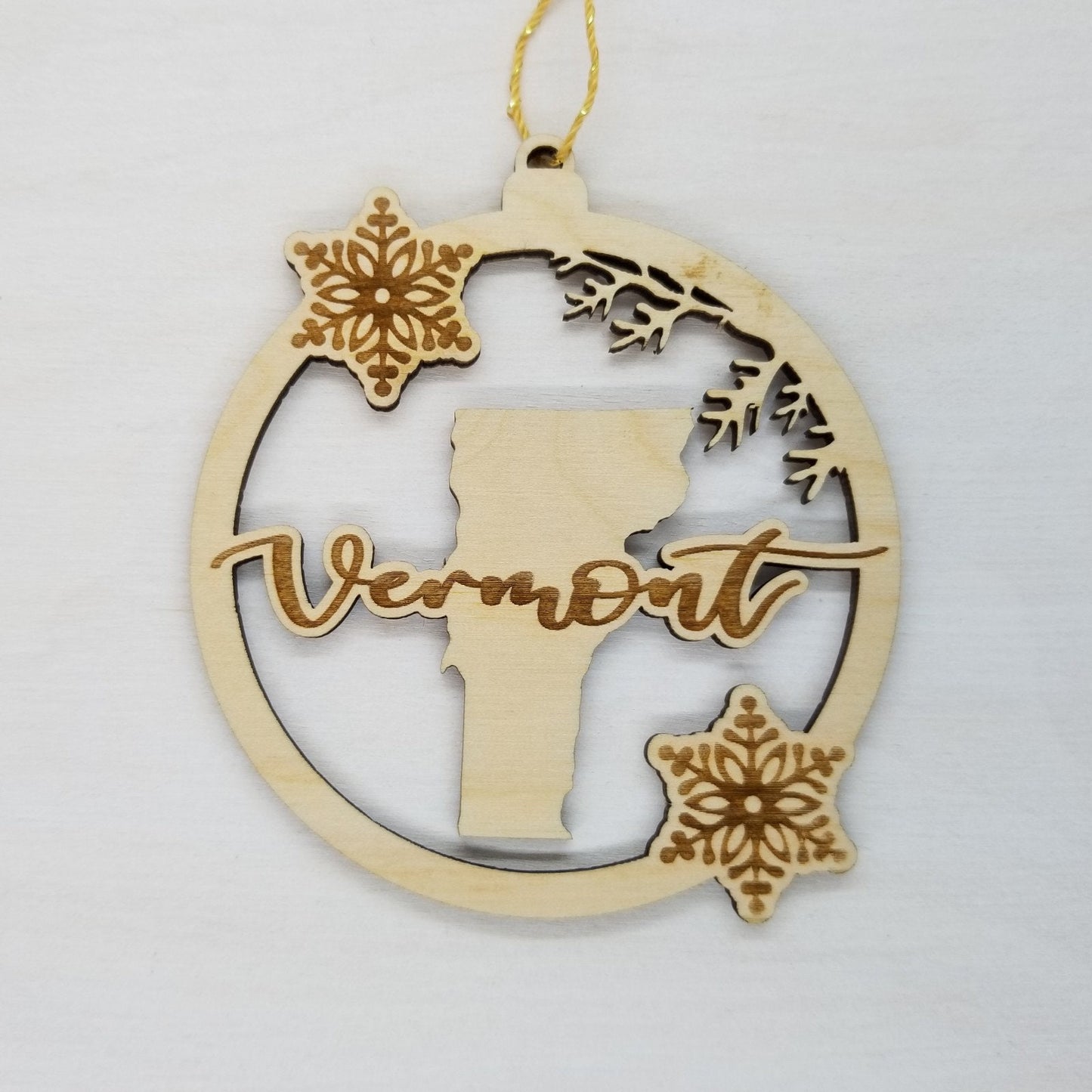 Vermont Wood Ornament - VT State Shape with Snowflakes Cutout - Handmade Wood Ornament Made in USA Christmas Decor
