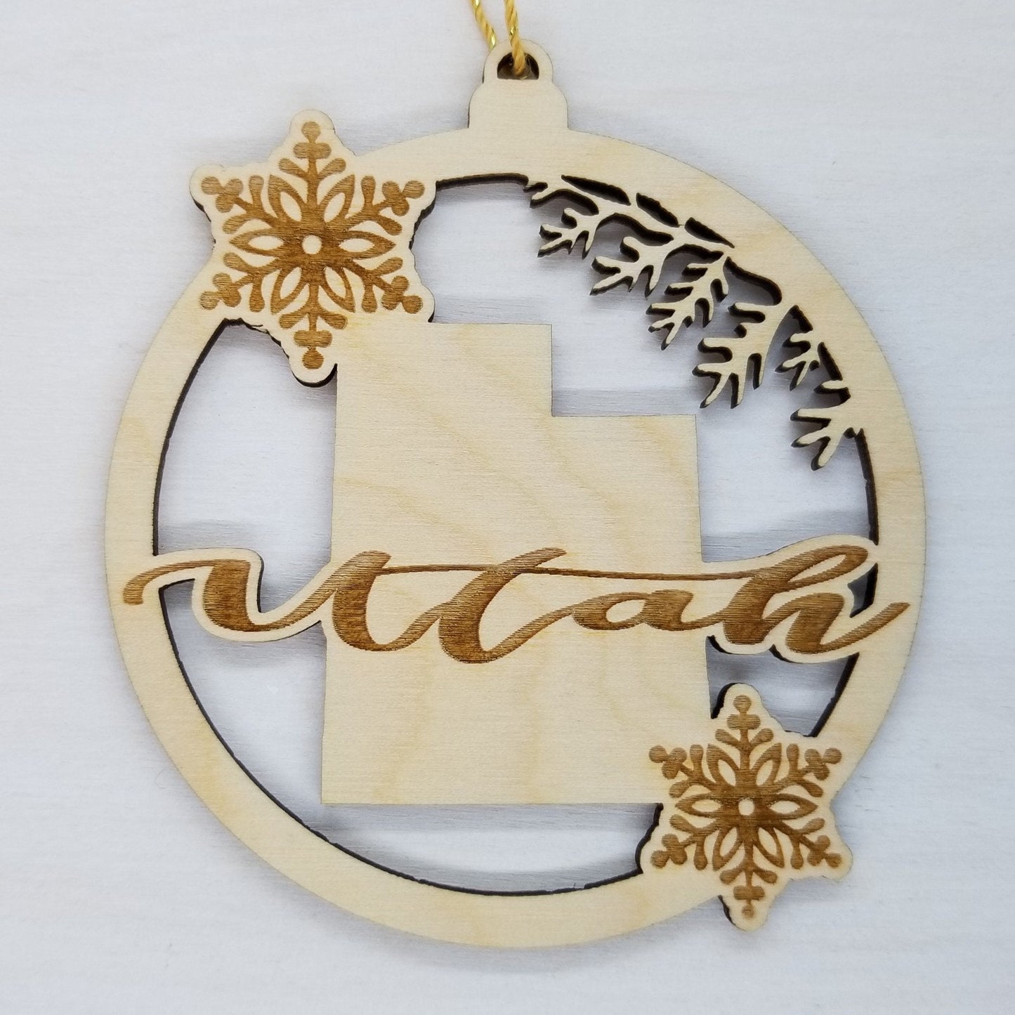 Utah Wood Ornament - State Shape with Snowflakes UT Cutout - Handmade in USA Souvenir - 15409