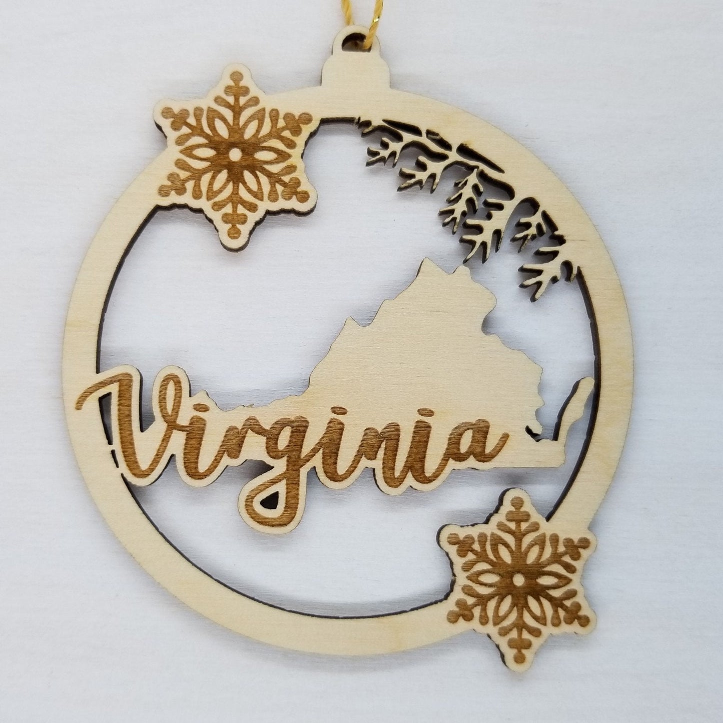 Virginia Wood Ornament - VA State Shape with Snowflakes Cutout - Handmade Wood Ornament Made in USA Christmas Decor