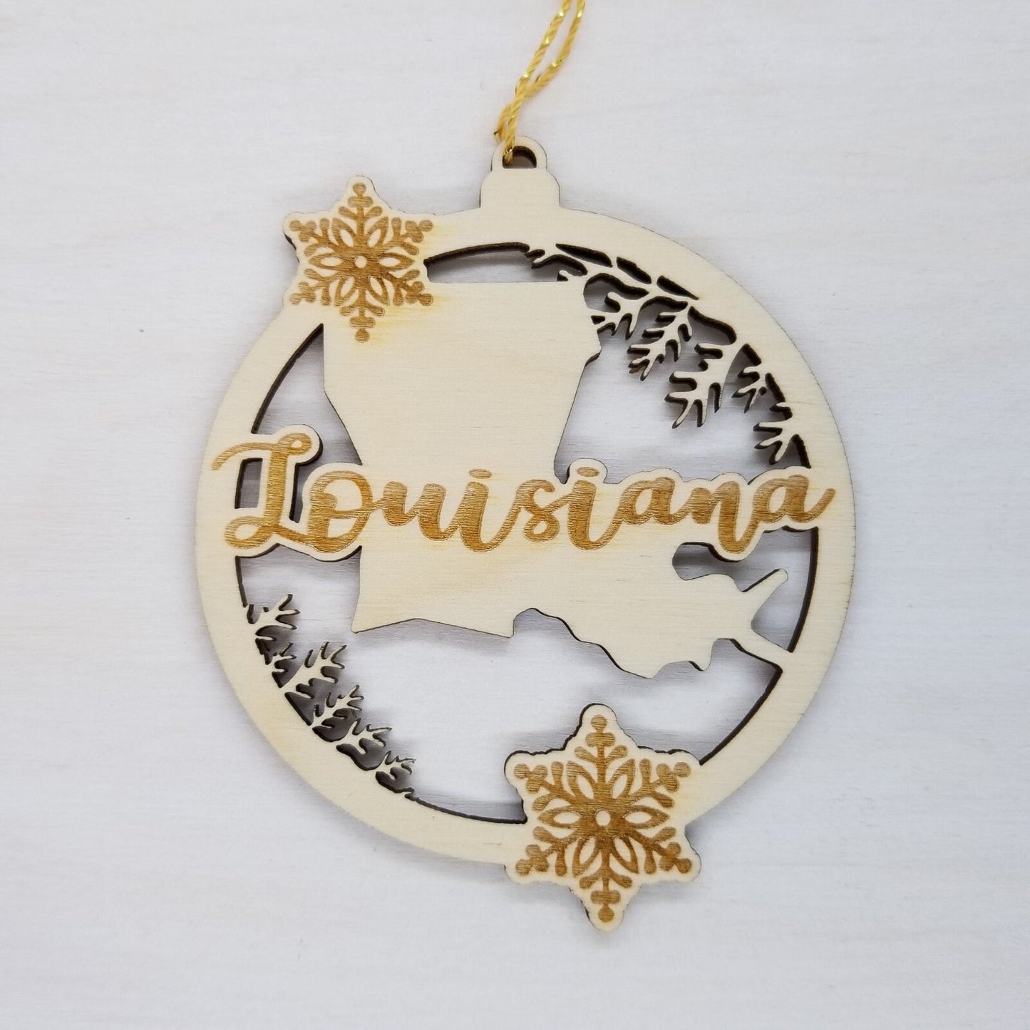 Louisiana Wood Ornament - LA State Shape with Snowflakes Cutout - Handmade Wood Ornament Made in USA Christmas Decor