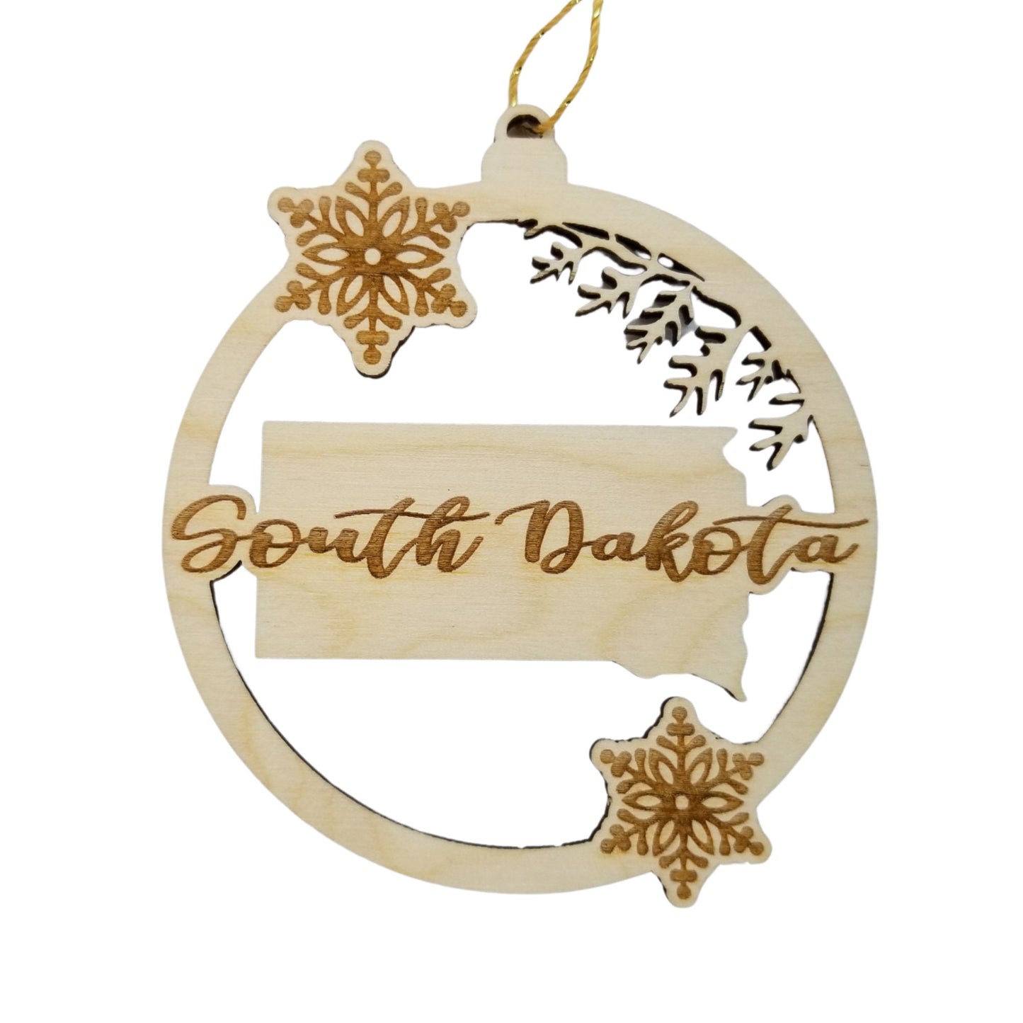 South Dakota Wood Ornament - SD State Shape with Snowflakes Cutout - Handmade Wood Ornament Made in USA Christmas Decor