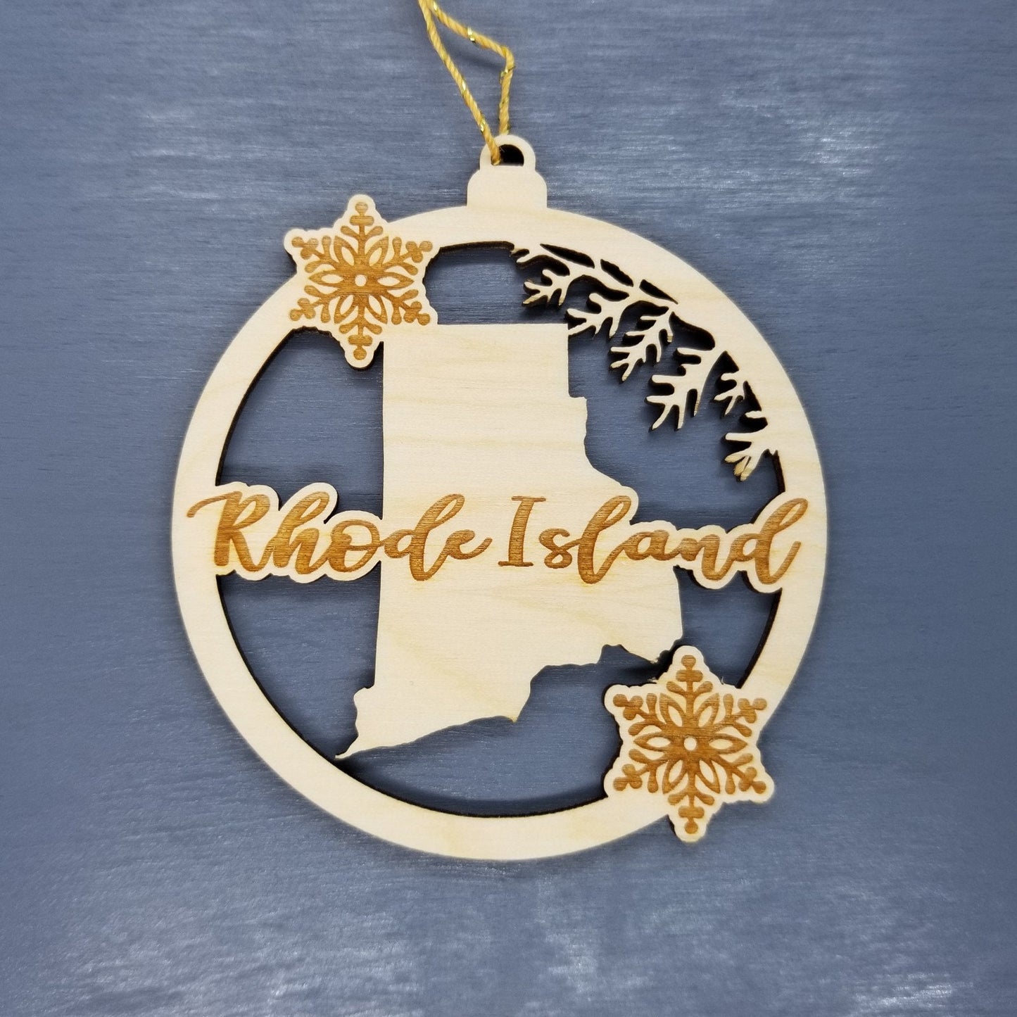 Rhode Island Wood Ornament - State Shape with Snowflakes Cutout RI - Handmade Wood Ornament Made in USA Christmas Decor