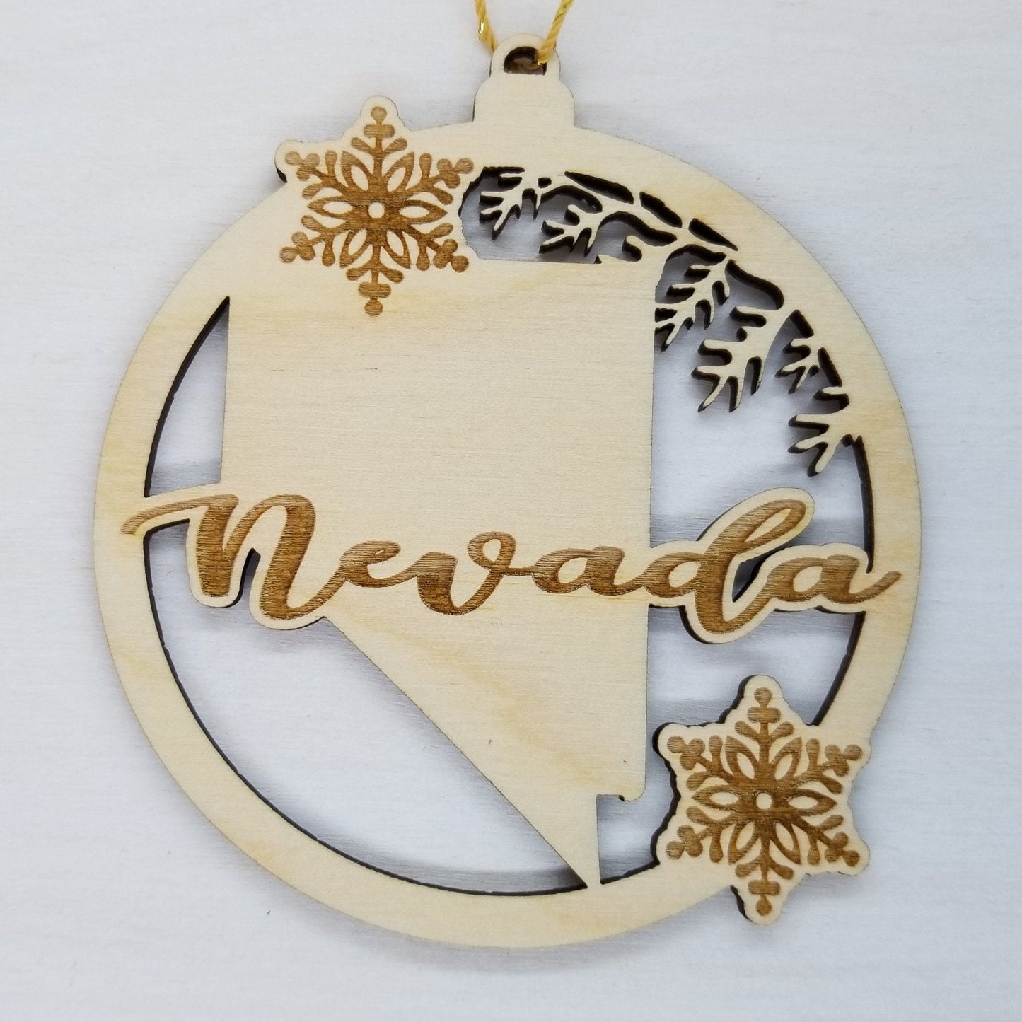 Nevada Wood Ornament - NV State Shape with Snowflakes Cutout - Handmade Wood Ornament Made in USA Christmas Decor