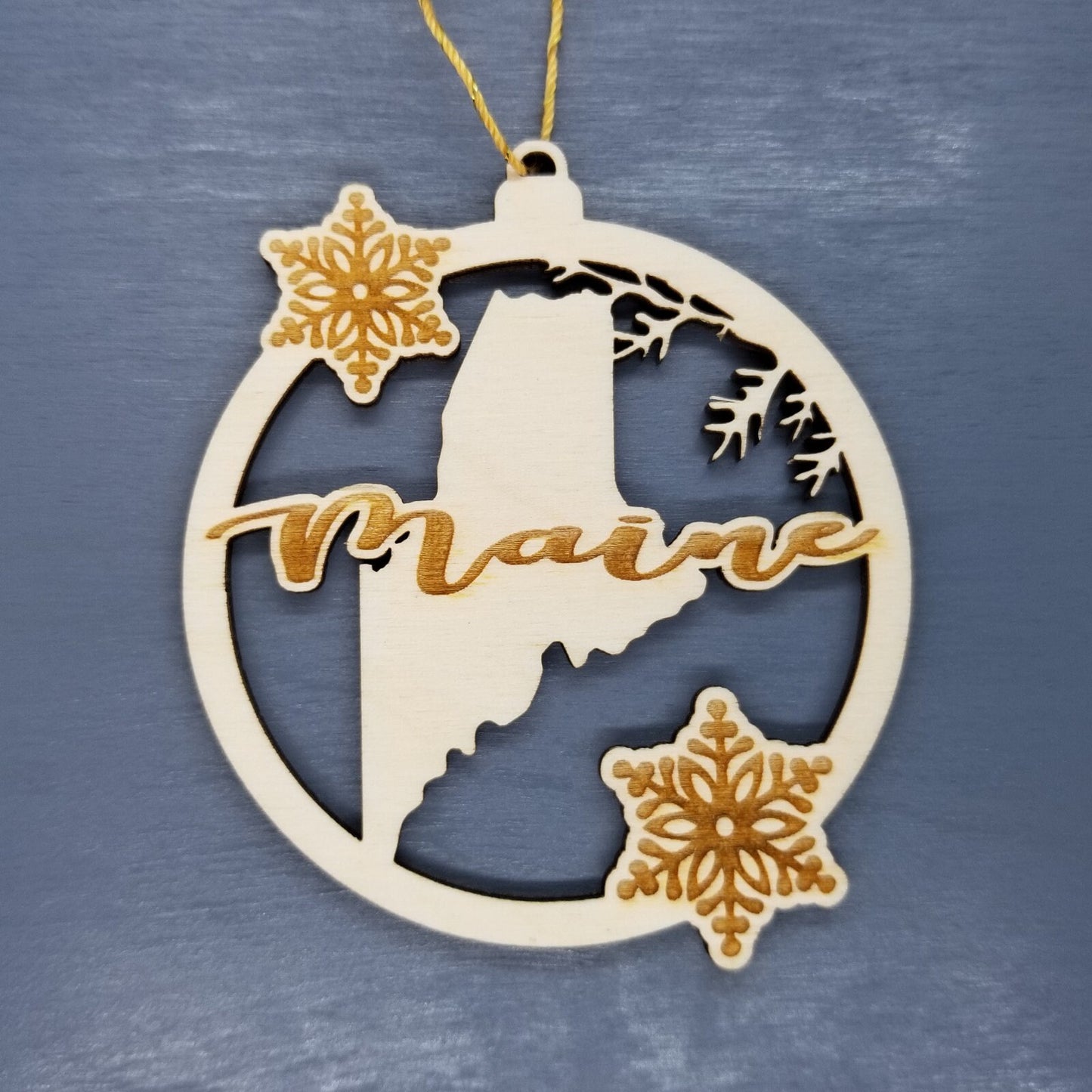 Maine Wood Ornament - State Shape with Snowflakes Cutout ME - Handmade Wood Ornament Made in USA Christmas Decor
