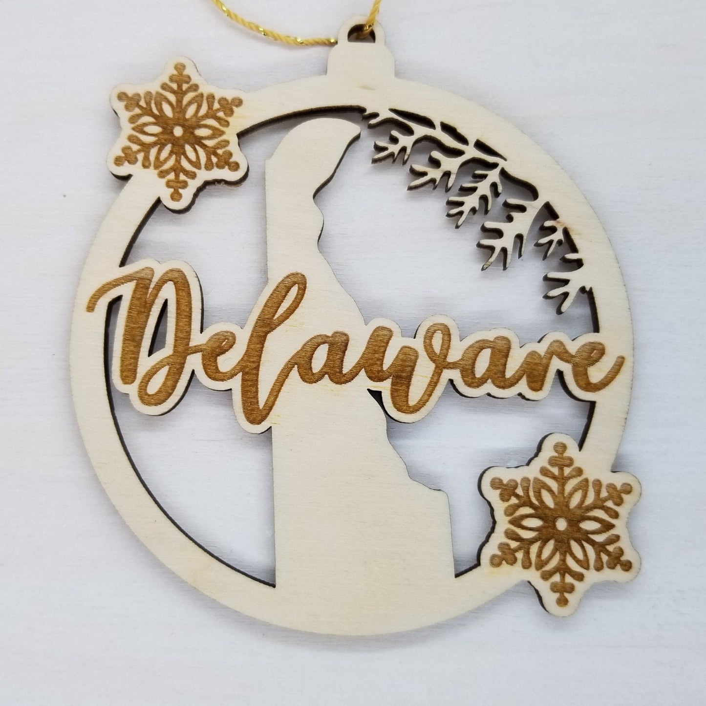 Delaware Wood Ornament - DE State Shape with Snowflakes Cutout - Handmade Wood Ornament Made in USA Christmas Decor