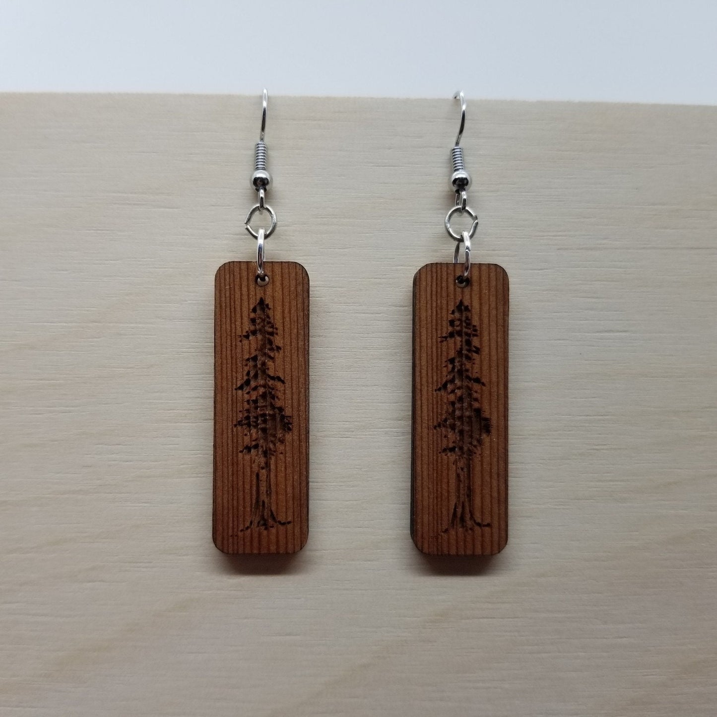 Redwood Earrings - Engraved Tree Rectangle Wood Earrings - Dangle Earrings - CA Souvenir - D22