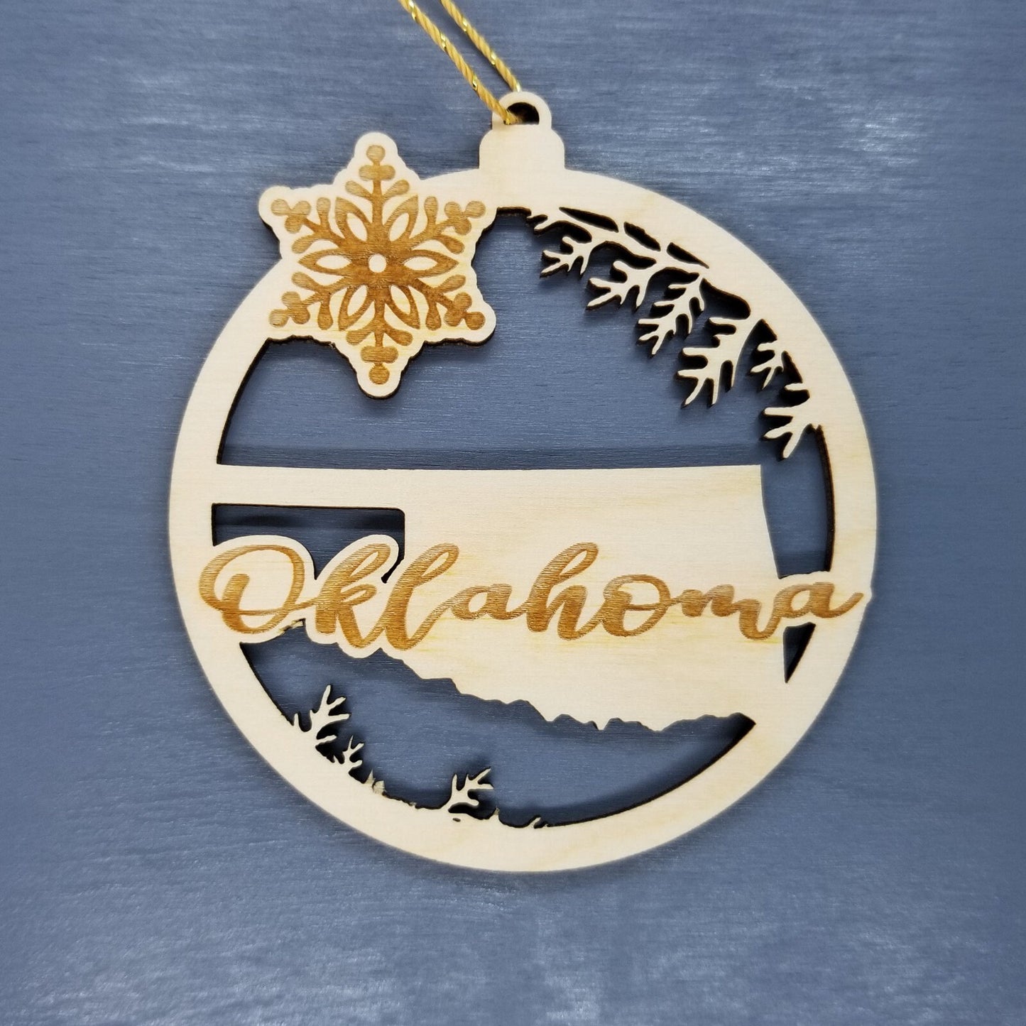 Oklahoma Wood Ornament - State Shape with Snowflakes OK Cutout - Handmade Wood Ornament Made in USA Christmas Decor
