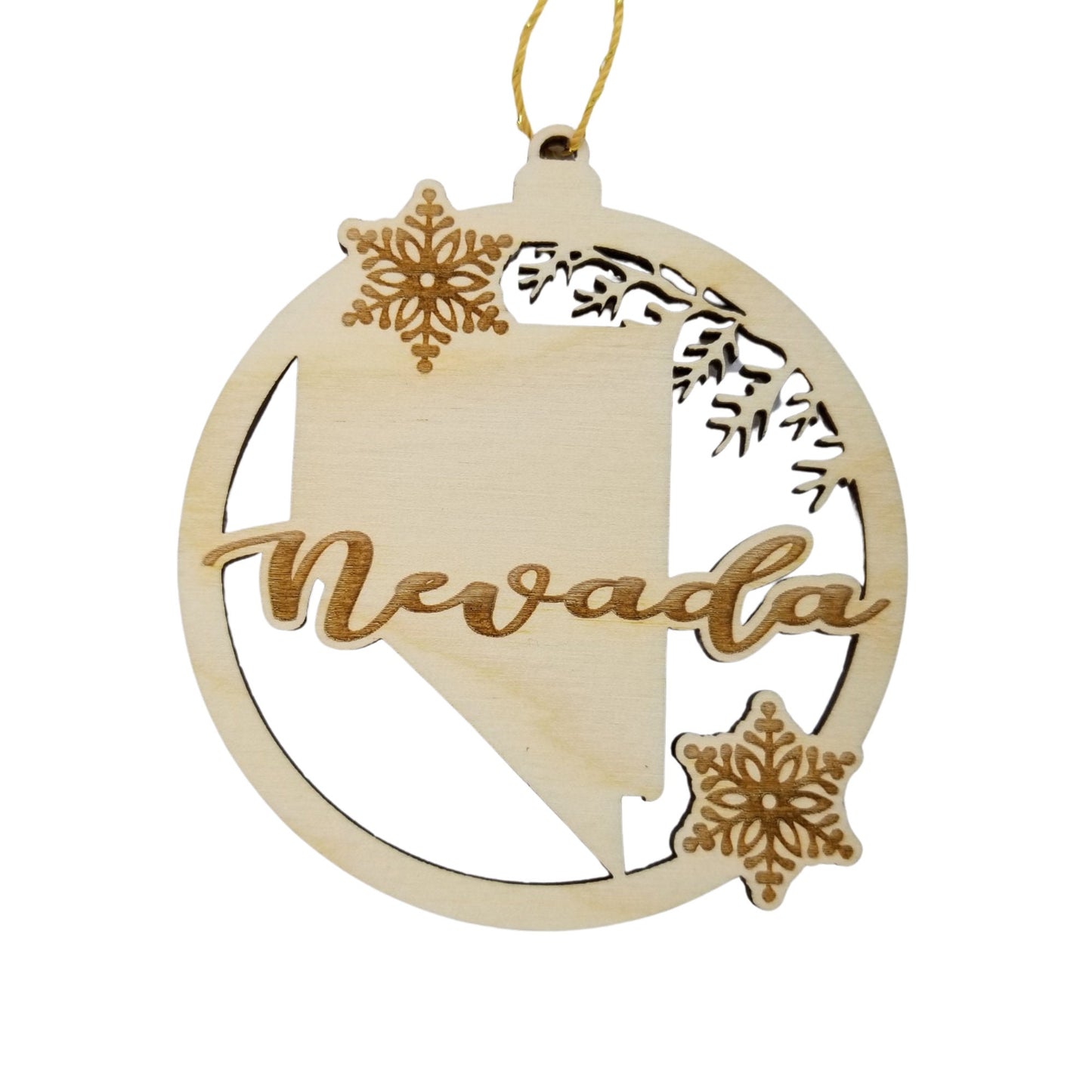 Nevada Wood Ornament - NV State Shape with Snowflakes Cutout - Handmade Wood Ornament Made in USA Christmas Decor